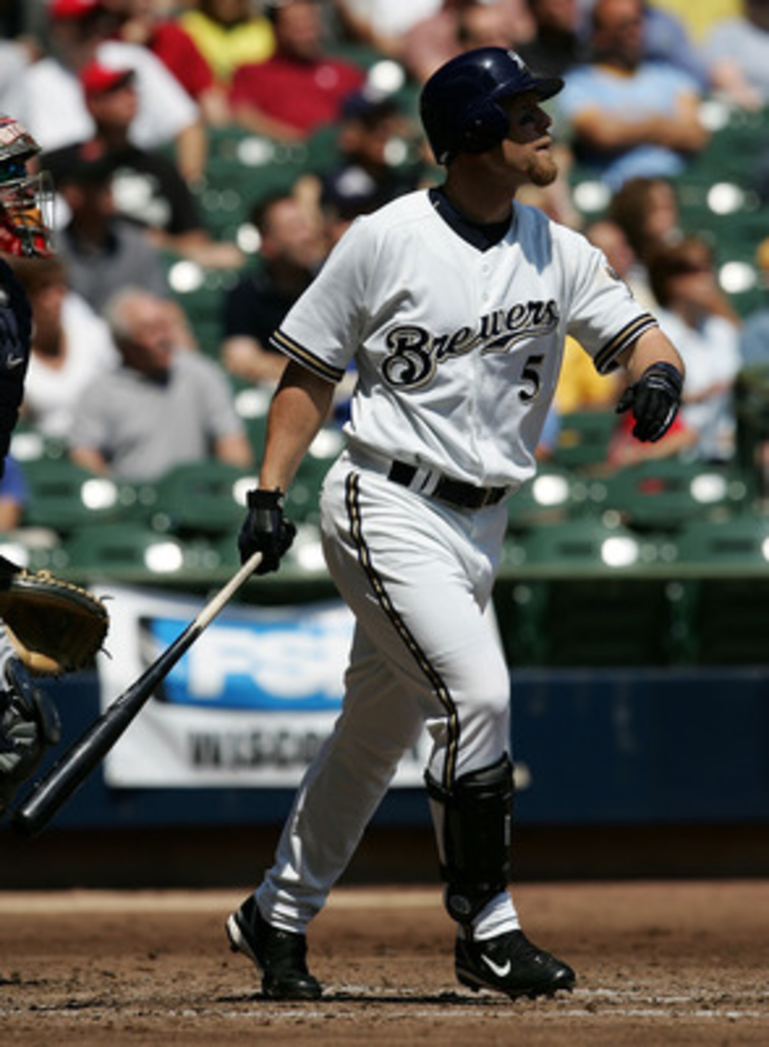 MILWAUKEE - MAY 09:  Geoff Jenkins #5 of the Milwaukee Brewers watches the flight of his seventh home run of the year, a solo shot in the fourth inning against the Washington Nationals May 9, 2007 at Miller Park in Milwaukee, Wisconsin. The Brewers won 3-