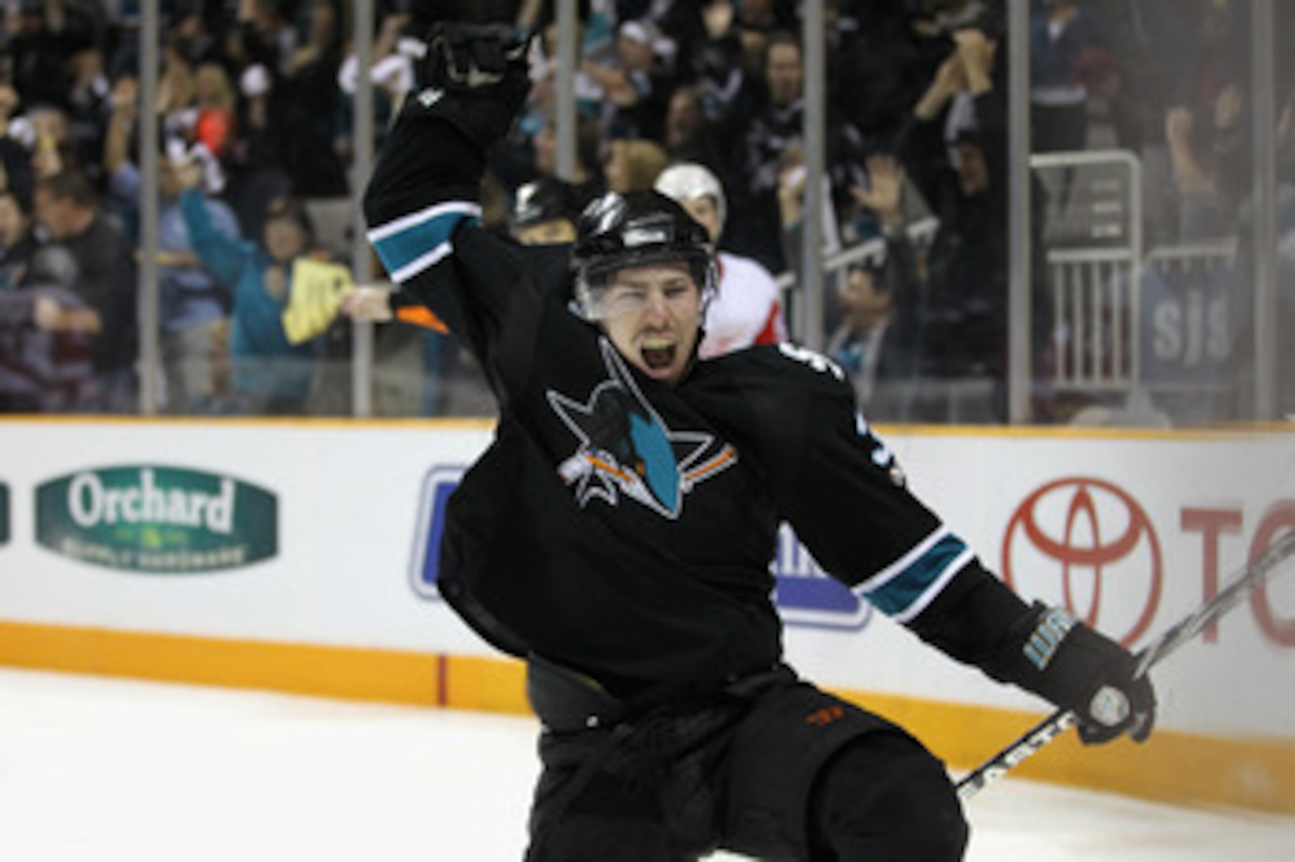 SAN JOSE, CA - MAY 08:  Logan Couture #39 of the San Jose Sharks celebrates after he scored a goal to put the Sharks up 3-1 over the Detroit Red Wings in Game Five of the Western Conference Semifinals during the 2011 NHL Stanley Cup Playoffs at HP Pavilio
