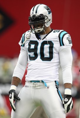 GLENDALE, AZ - NOVEMBER 01:  Defensive end Julius Peppers #90 of the Carolina Panthers warms up before the NFL game against the Houston Texans at the Universtity of Phoenix Stadium on November 1, 2009 in Glendale, Arizona. The Panthers defeated the Cardin