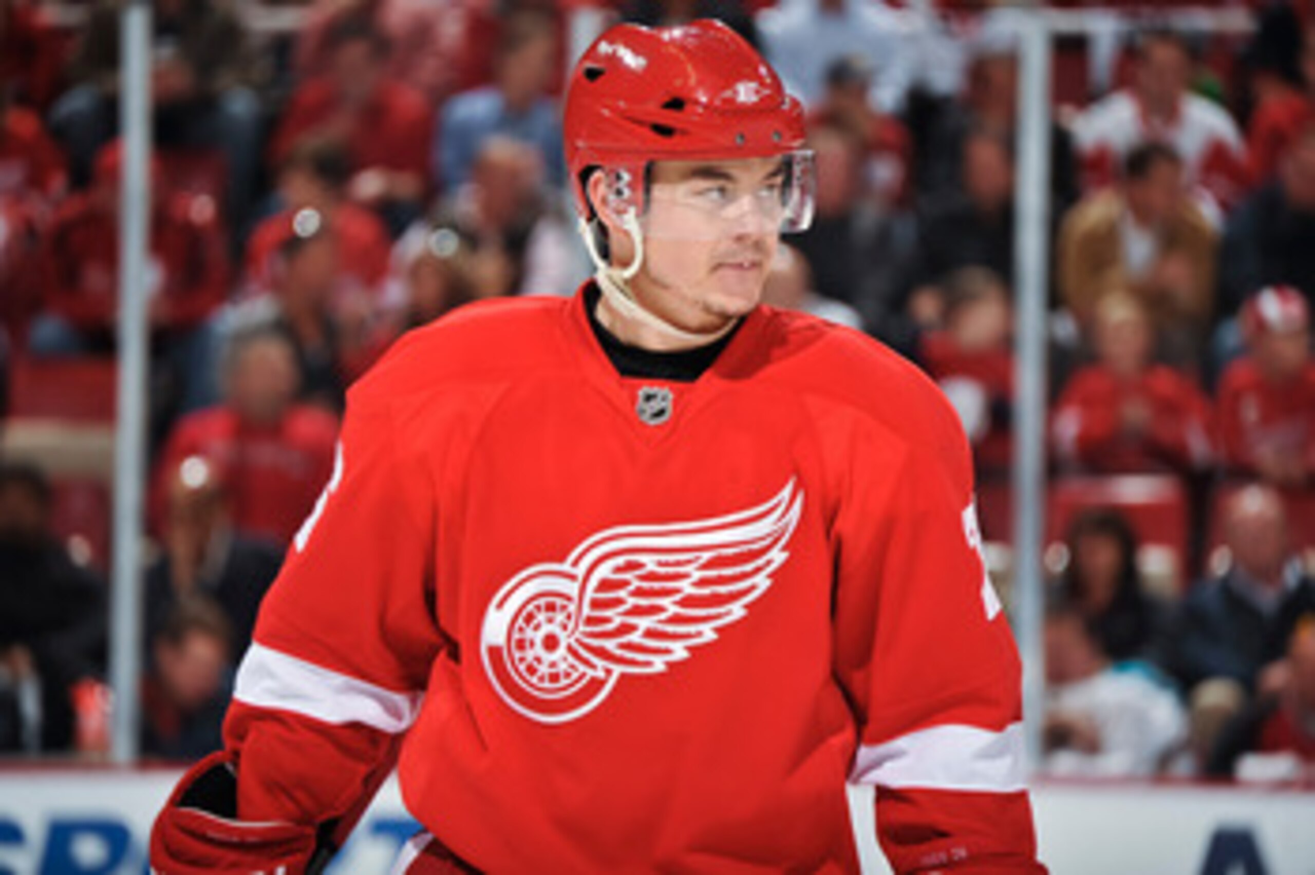 DETROIT - MAY 4: Jiri Hudler #26 of the Detroit Red Wings waits for a face off against the San Jose Sharks in Game Three of the Western Conference Semifinals during the 2011 NHL Stanley Cup Playoffs on May 4, 2011 at Joe Louis Arena in Detroit, Michigan. 