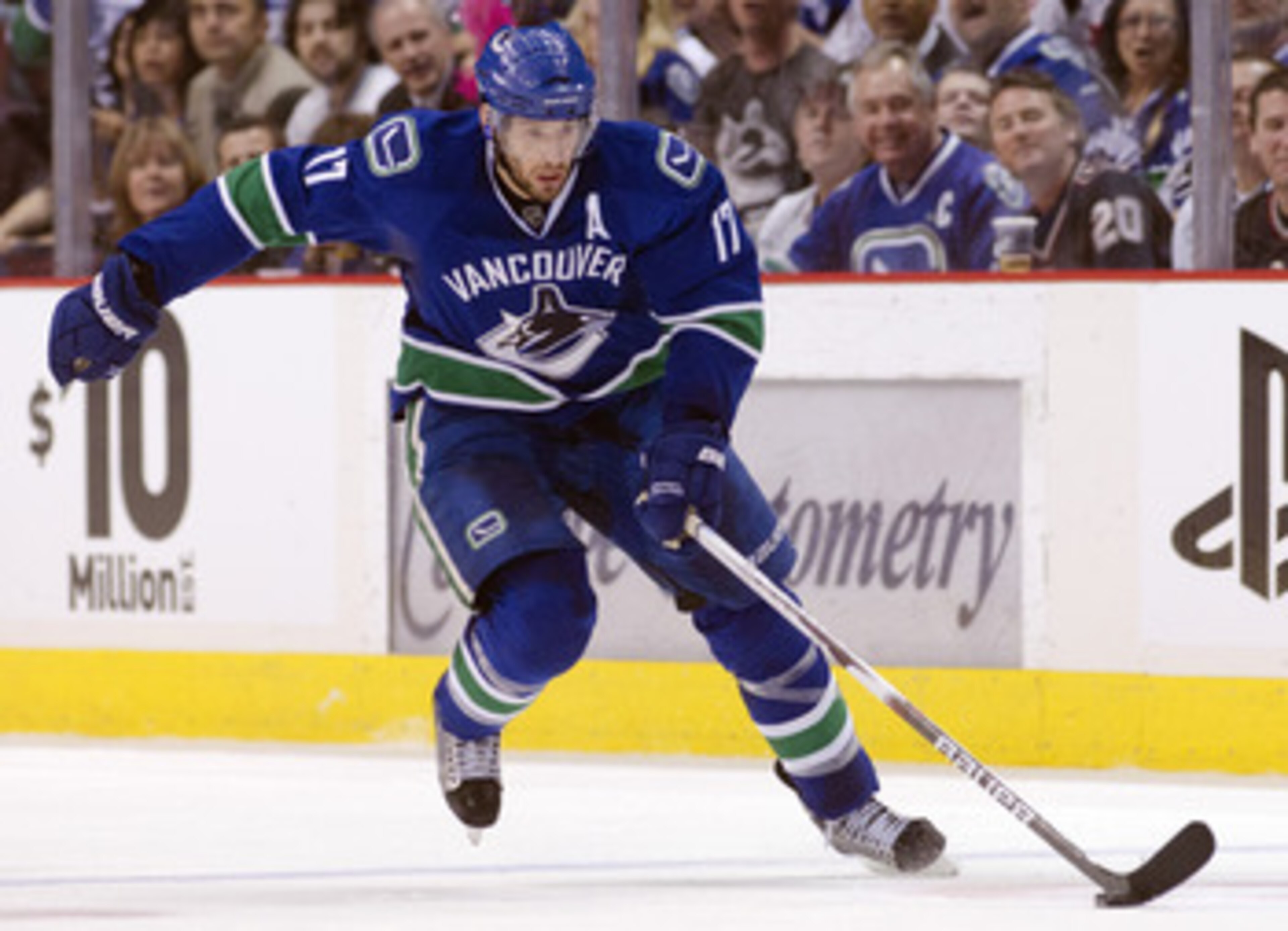 VANCOUVER, CANADA - APRIL 28: Ryan Kesler #17 of the Vancouver Canucks skates with the puck during Game One of the Western Conference Semifinals against the Nashville Predators during the 2011 NHL Stanley Cup Playoffs on April 28, 2011 at Rogers Arena in 