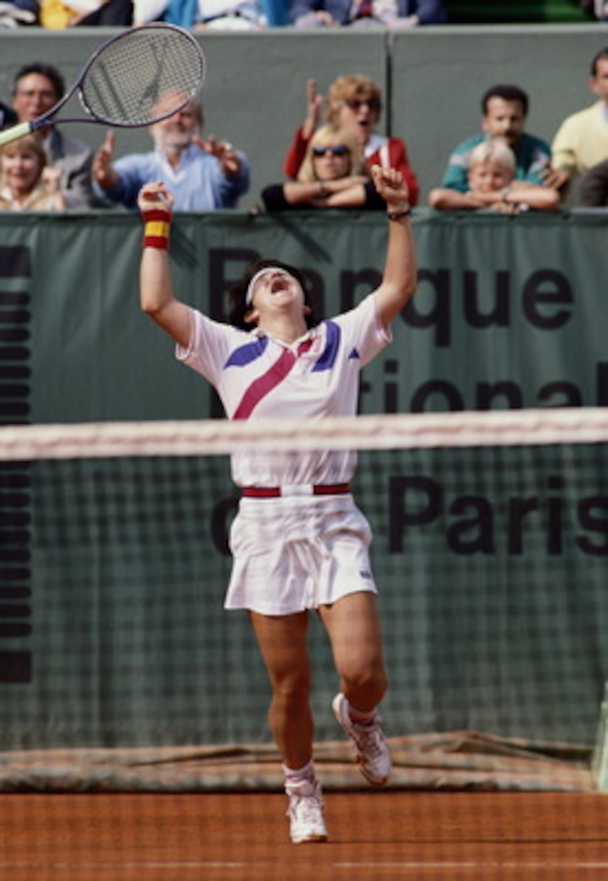 Arantxa Sanchez Vicario of Spain throws her racquet into the air after winning the Women's Singles final match against Steffi Graf 7-6, 3-6, 7-5 at the French Open Tennis Championship on 10th June 1989 at the Stade Roland Garros Stadium in Paris, France Arantxa Sanchez Vicario of Spain throws her racquet into the air after winning the Women's Singles final match against Steffi Graf 7-6, 3-6, 7-5 at the French Open Tennis Championship on 10th June 1989 at the Stade Roland Garros Stadium in Paris, France