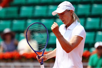 PARIS - JUNE 05:  Martina Navratilova of the United States in action during the women's doubles legends match between Martina Navratilova of the United States and Jana Novotna of Czech Republic and  Iva Majoli of Croatia and Nathalie Tauziat of France on