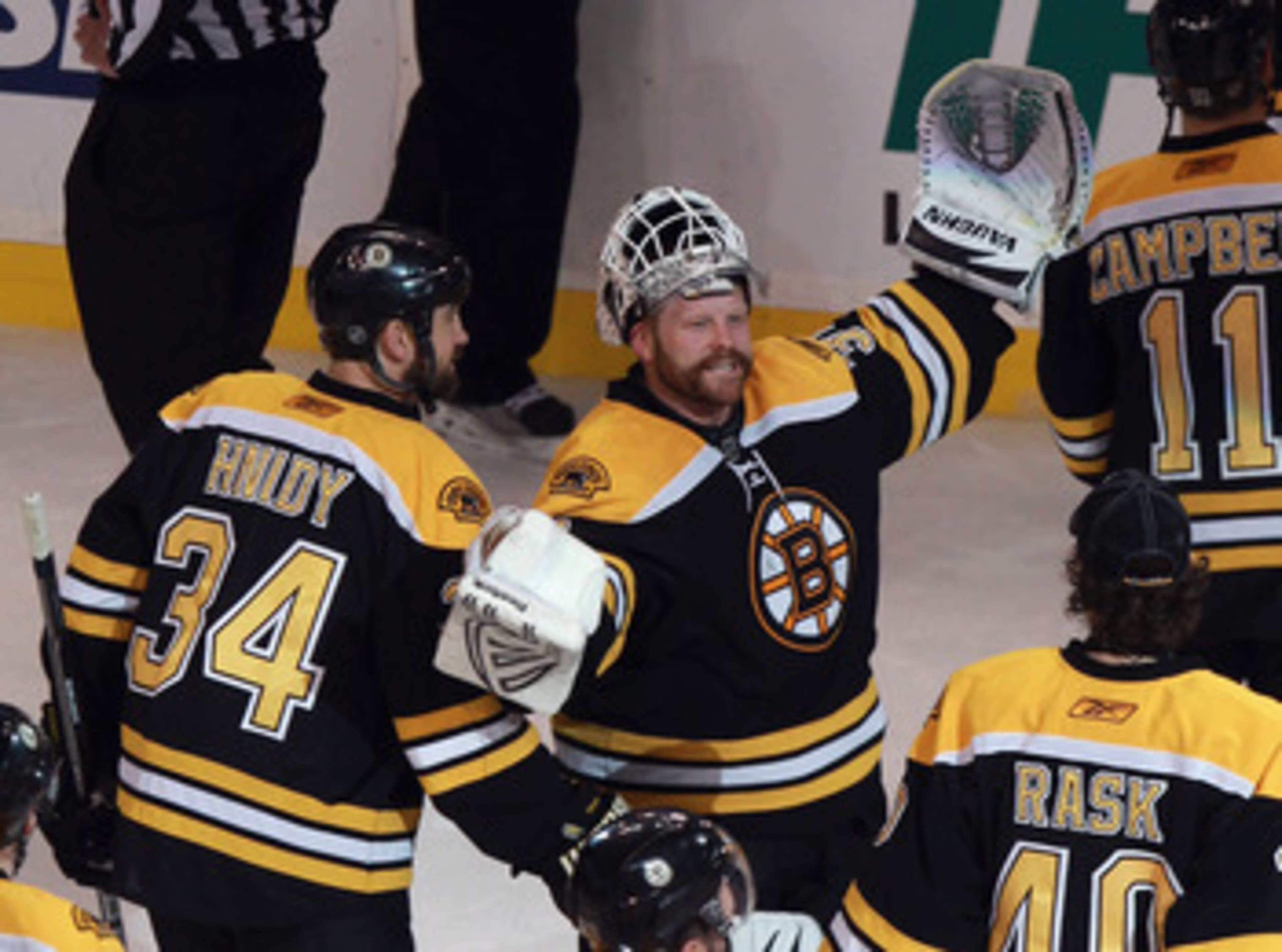 BOSTON, MA - MAY 06:  Tim Thomas #30 of the Boston Bruins celebrates victory over the Philadelphia Flyers in Game Four of the Eastern Conference Semifinals during the 2011 NHL Stanley Cup Playoffs at TD Garden on May 6, 2011 in Boston, Massachusetts. The 