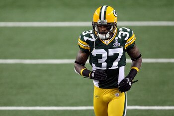 ARLINGTON, TX - FEBRUARY 06:  Sam Shields #37 of the Green Bay Packers runs on the field during warm ups against the Pittsburgh Steelers during Super Bowl XLV at Cowboys Stadium on February 6, 2011 in Arlington, Texas. The {ackers won 31-25. (Photo by Mik