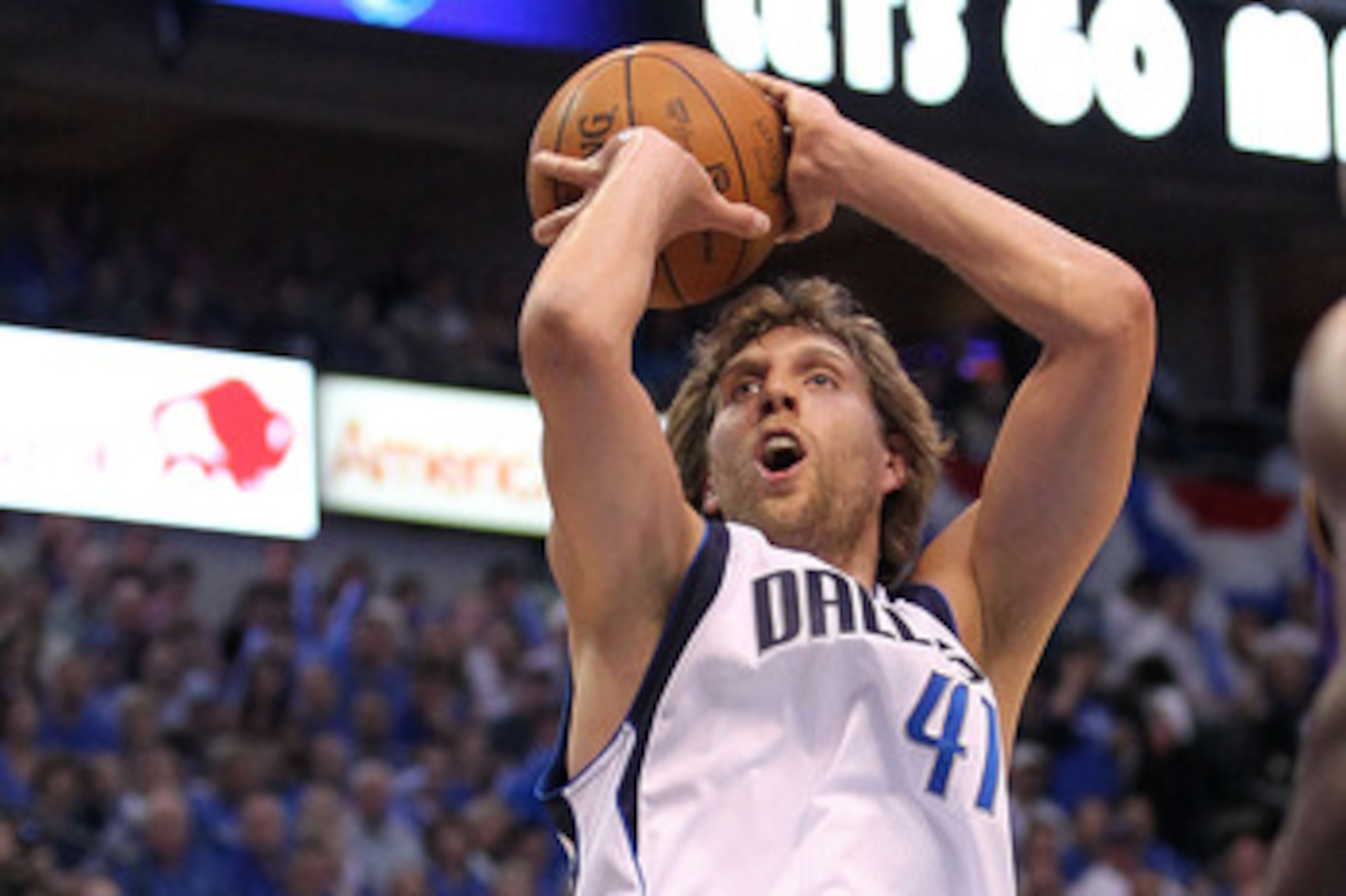 DALLAS, TX - MAY 08:  Forward Dirk Nowitzki #41 of the Dallas Mavericks takes a shot against Andrew Bynum #17 of the Los Angeles Lakers in Game Four of the Western Conference Semifinals during the 2011 NBA Playoffs on May 8, 2011 at American Airlines Cent