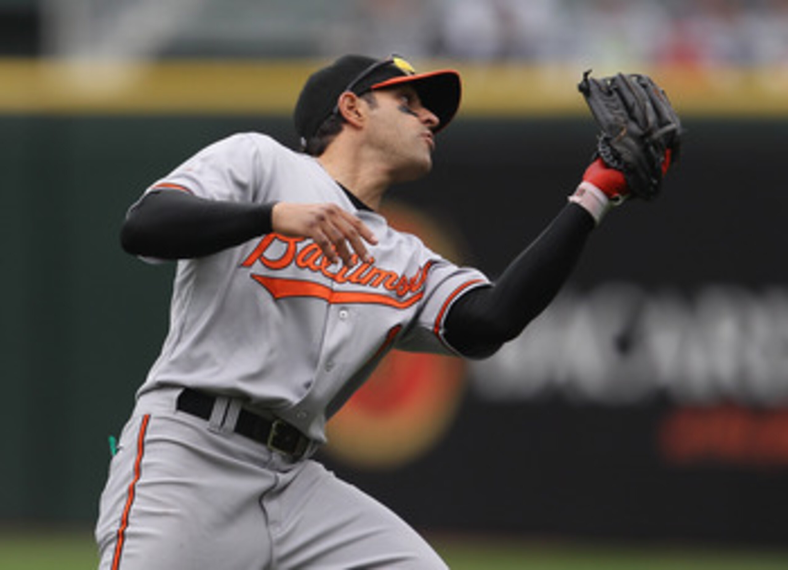 CHICAGO, IL - MAY 01: Brian Roberts #1 of the Baltimore Orioles catches a fly ball against the Chicago White Sox at U.S. Cellular Field on May 1, 2011 in Chicago, Illinois. The Orioles defeated the White Sox 6-4. (Photo by Jonathan Daniel/Getty Images)