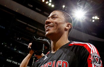 ATLANTA, GA - MAY 12:  Derrick Rose #1 of the Chicago Bulls reacts after their 93-73 win over the Atlanta Hawks in Game Six of the Eastern Conference Semifinals in the 2011 NBA Playoffs at Phillips Arena on May 12, 2011 in Atlanta, Georgia.  NOTE TO USER: