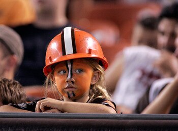 CLEVELAND - SEPTEMBER 2:  A young Cleveland Browns fan looks on during the preseason game against the Chicago Bears on September 2, 2010 at Cleveland Browns Stadium in Cleveland, Ohio. The Browns defeated the Bears 13-10.  (Photo by Justin K. Aller/Getty