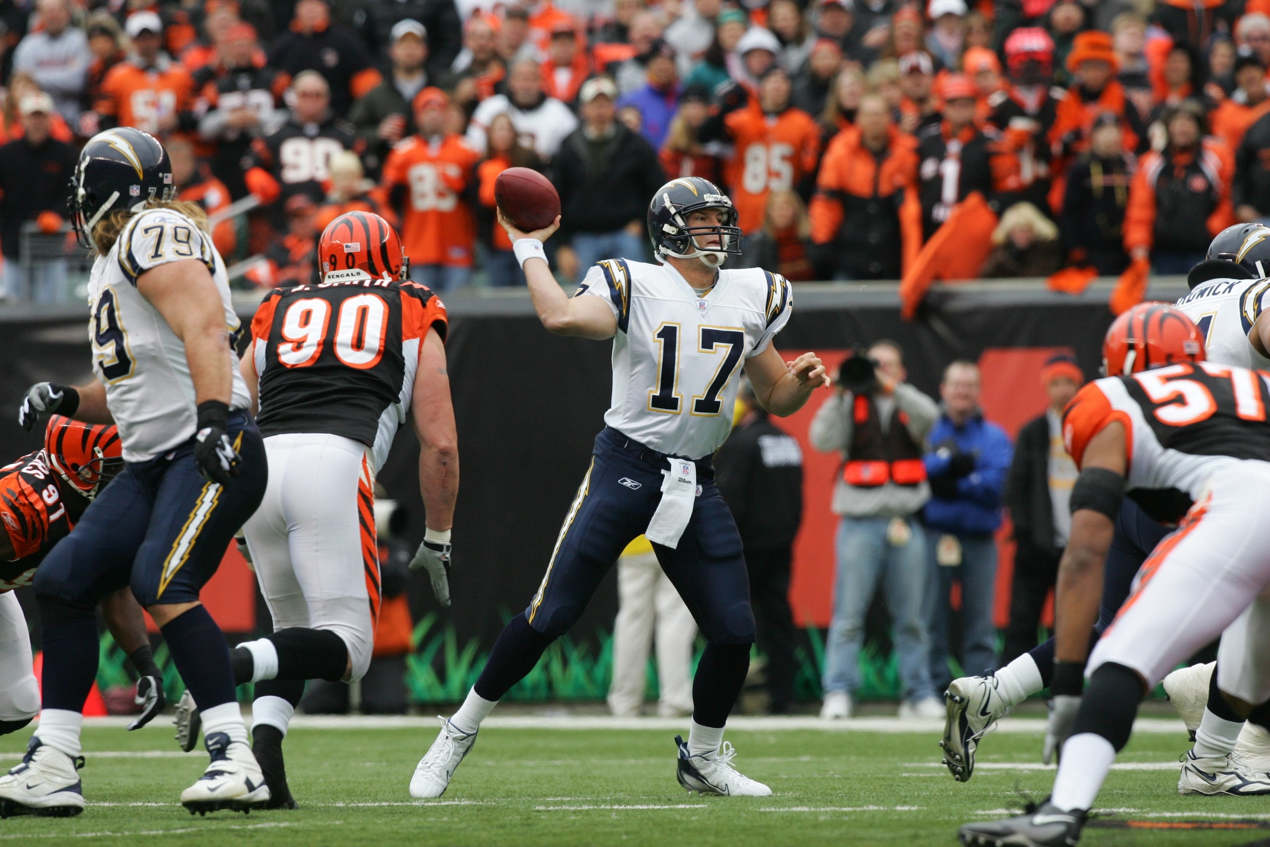 CINCINNATI - NOVEMBER 12: Quarterback Philip Rivers #17 of the San Diego Chargers throws the ball during the game against the Cincinnati Bengals on November 12, 2006 at Paul Brown Stadium in Cincinnati, Ohio. The Chargers defeated the Bengals 49-41. (Phot
