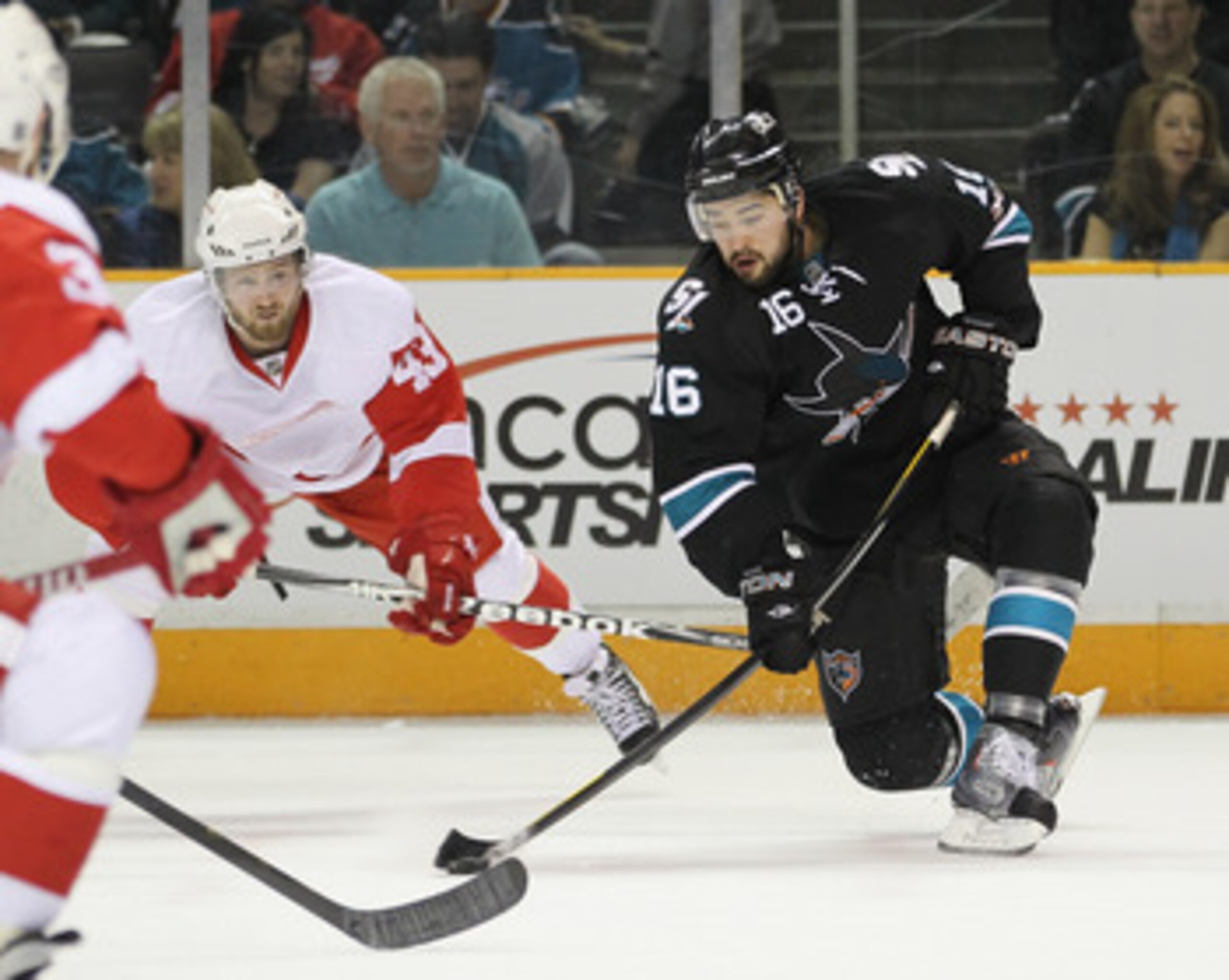 SAN JOSE, CA - MAY 08:  Devin Setoguchi #16 of the San Jose Sharks in action against the Detroit Red Wings in Game Five of the Western Conference Semifinals during the 2011 NHL Stanley Cup Playoffs at HP Pavilion on May 8, 2011 in San Jose, California.  (