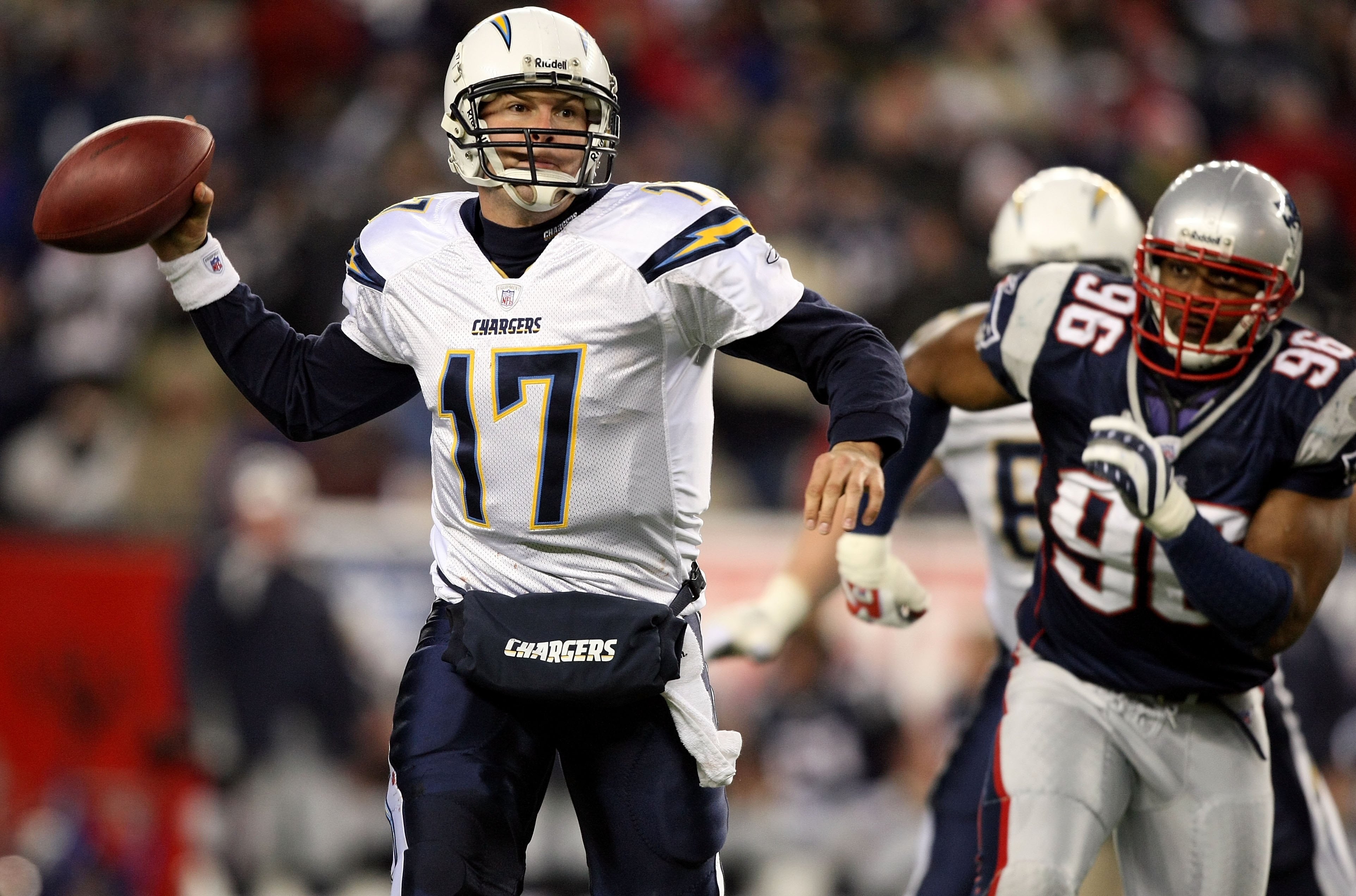 FOXBORO, MA - JANUARY 20:  the San Diego Chargers throws a pass against Adalius Thomas #96 of the New England Patriots during the AFC Championship Game on January 20, 2008 at Gillette Stadium in Foxboro, Massachusetts. Patriots won 21-12. (Photo by Al Bel