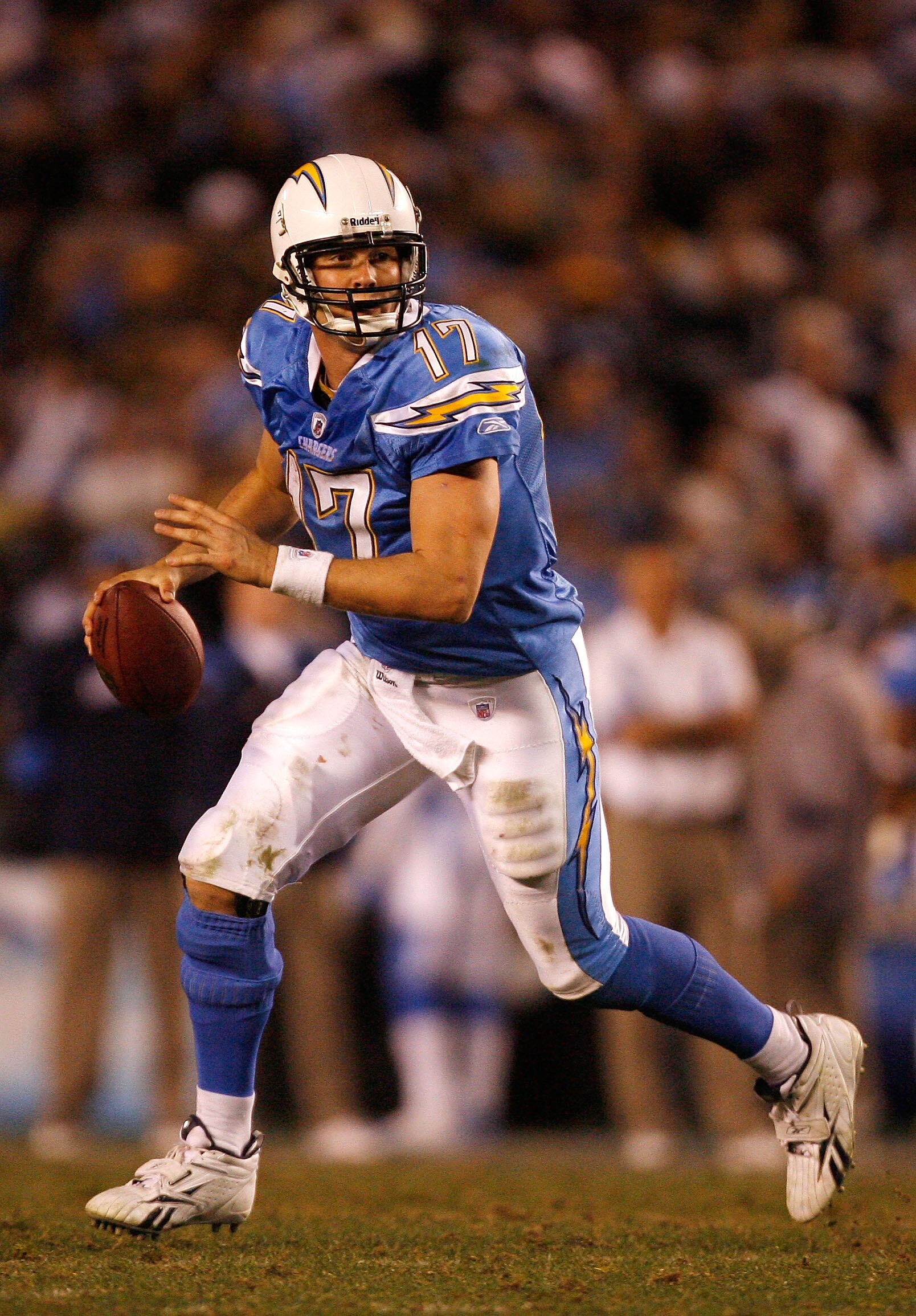 SAN DIEGO - JANUARY 03:  Philip Rivers #17 of the San Diego Chargers drops back to pass against the Indianapolis Colts during their AFC Wild Card Game on January 3, 2009 at Qualcomm Stadium in San Diego, California. The Chargers defeated the Colts 23-17 i