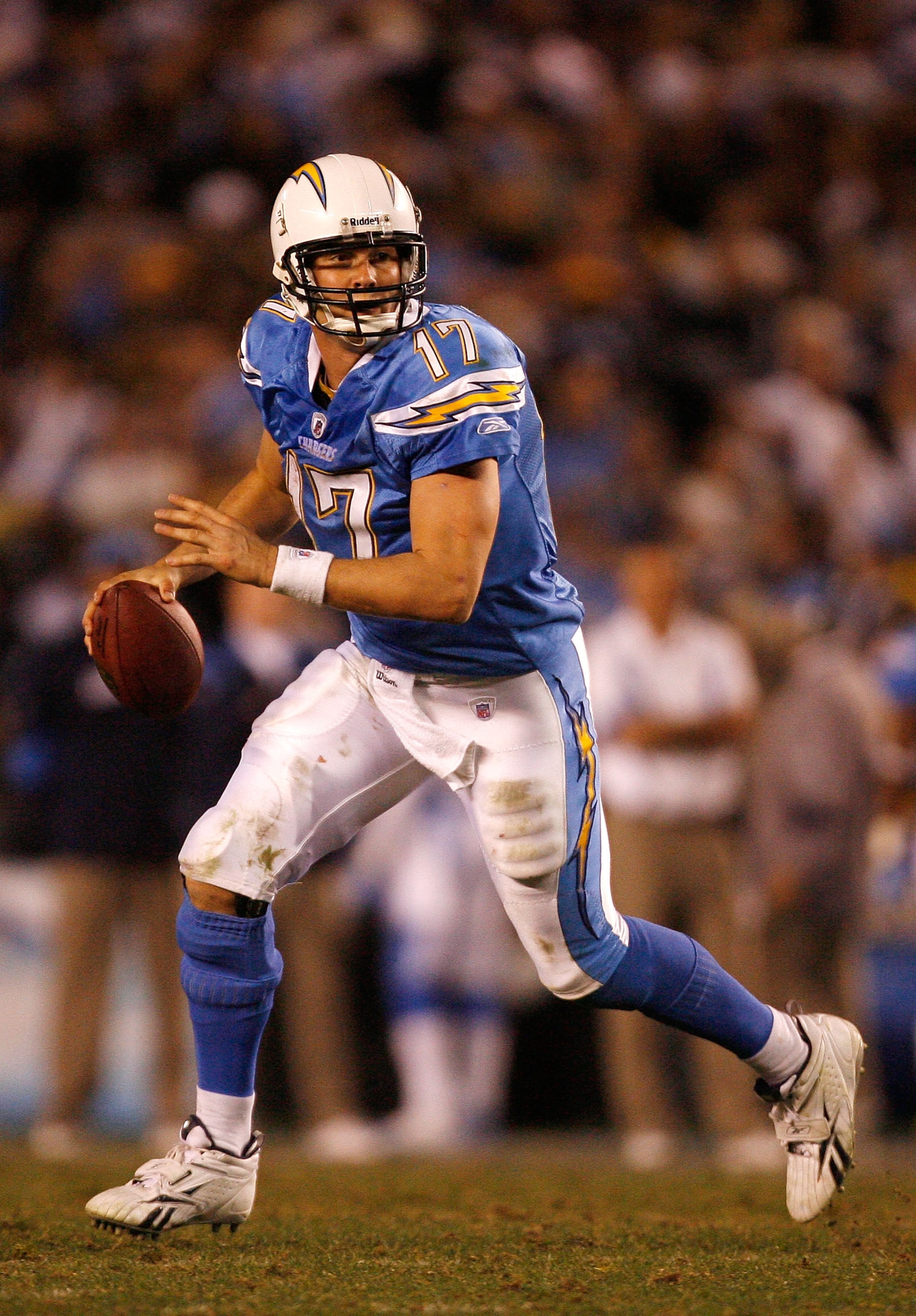 SAN DIEGO - JANUARY 03:  Philip Rivers #17 of the San Diego Chargers drops back to pass against the Indianapolis Colts during their AFC Wild Card Game on January 3, 2009 at Qualcomm Stadium in San Diego, California. The Chargers defeated the Colts 23-17 i