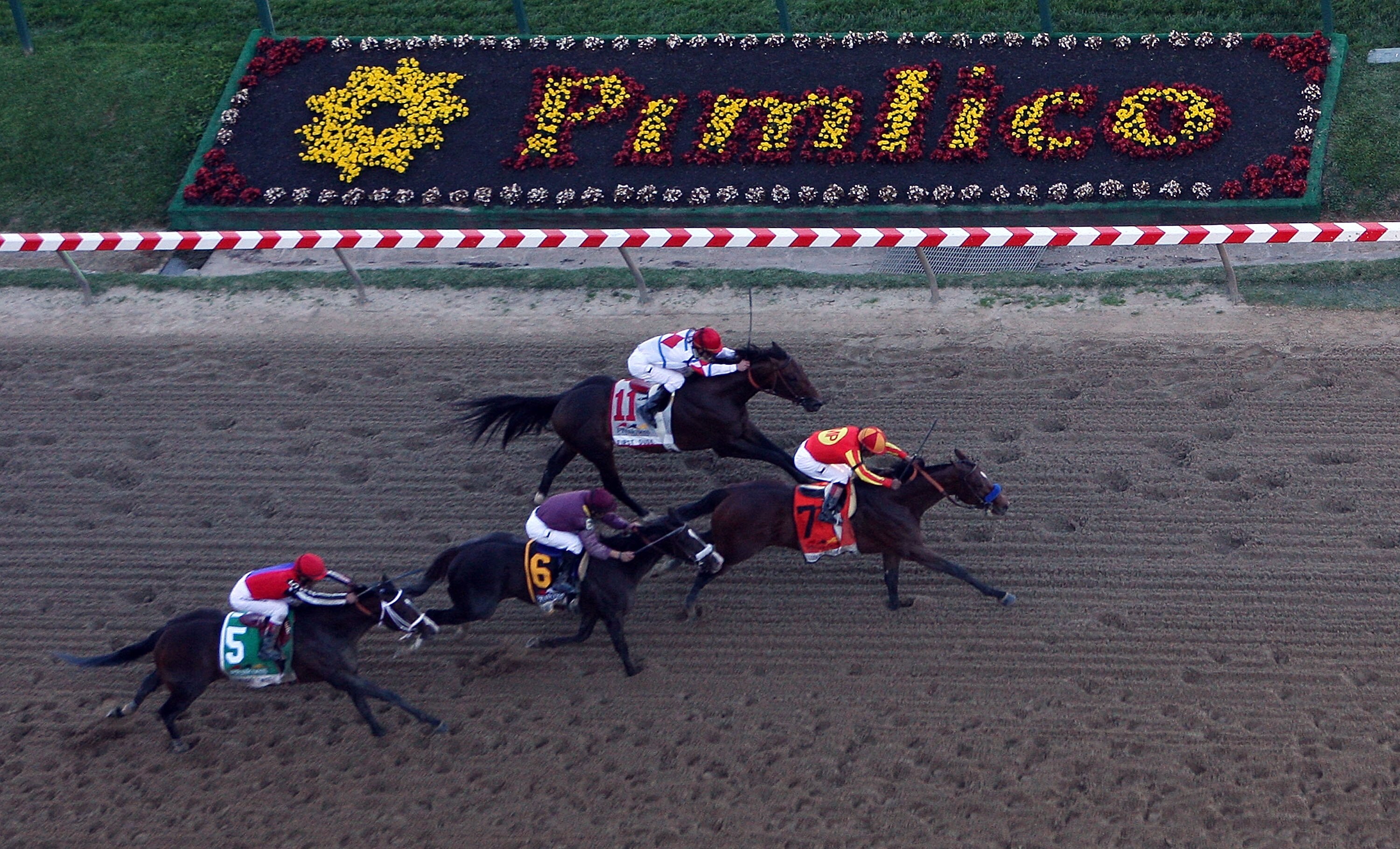 BALTIMORE - MAY 15:  Lookin At Lucky (center), ridden by Martin Garcia #7, holds off First Dude, ridden by Ramon Dominguez #11, Jackson Bend , ridden by Mike Smith #6, and Yawanna Twist, ridden by Edgar Prado #5, down the homestrech to win the 135th runni