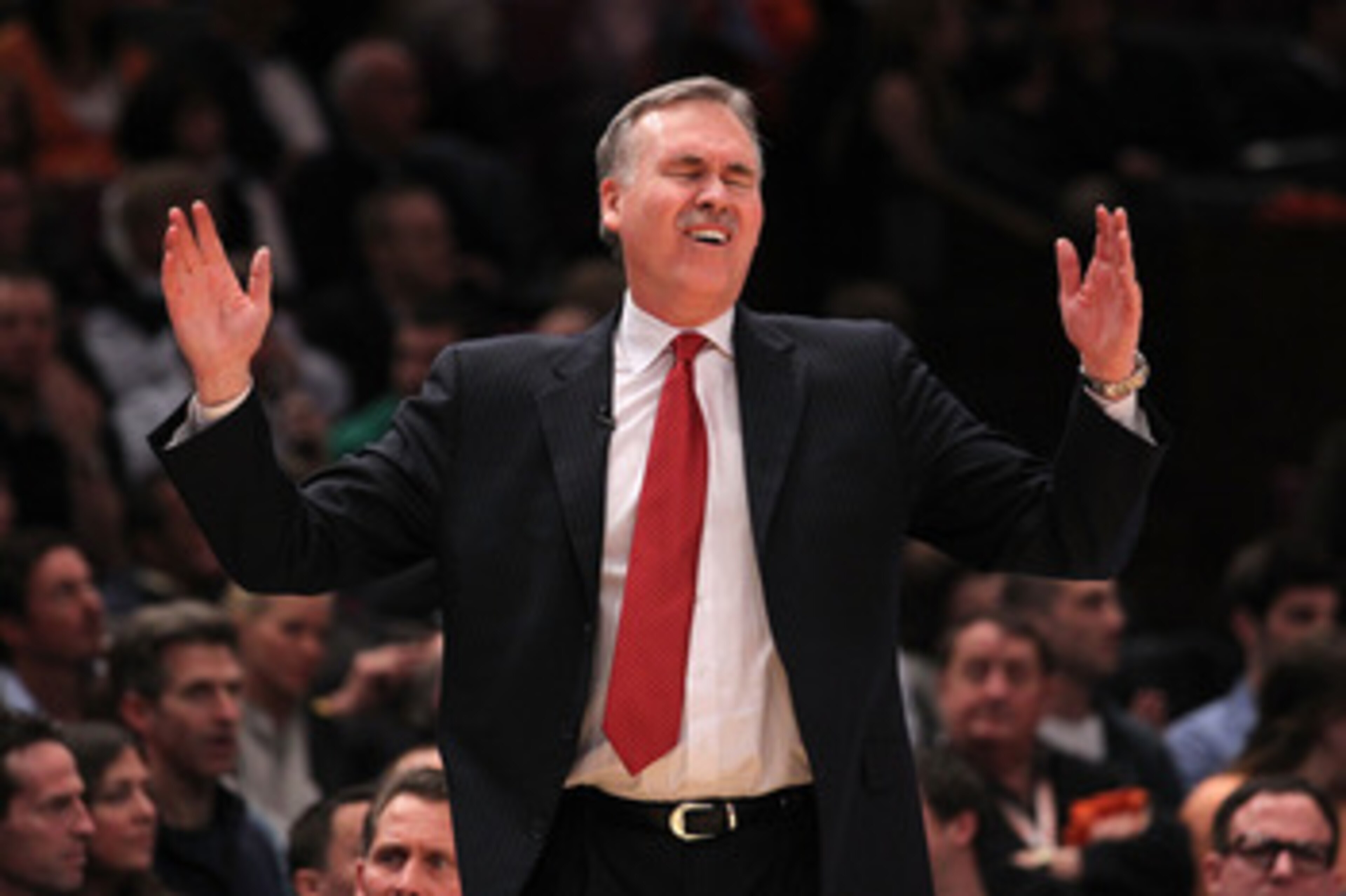 NEW YORK, NY - APRIL 22:  Mike D'Antoni of the New York Knicks reacts against the Boston Celtics in Game Three of the Eastern Conference Quarterfinals in the 2011 NBA Playoffs on April 22, 2011 at Madison Square Garden in New York City.  NOTE TO USER: Use