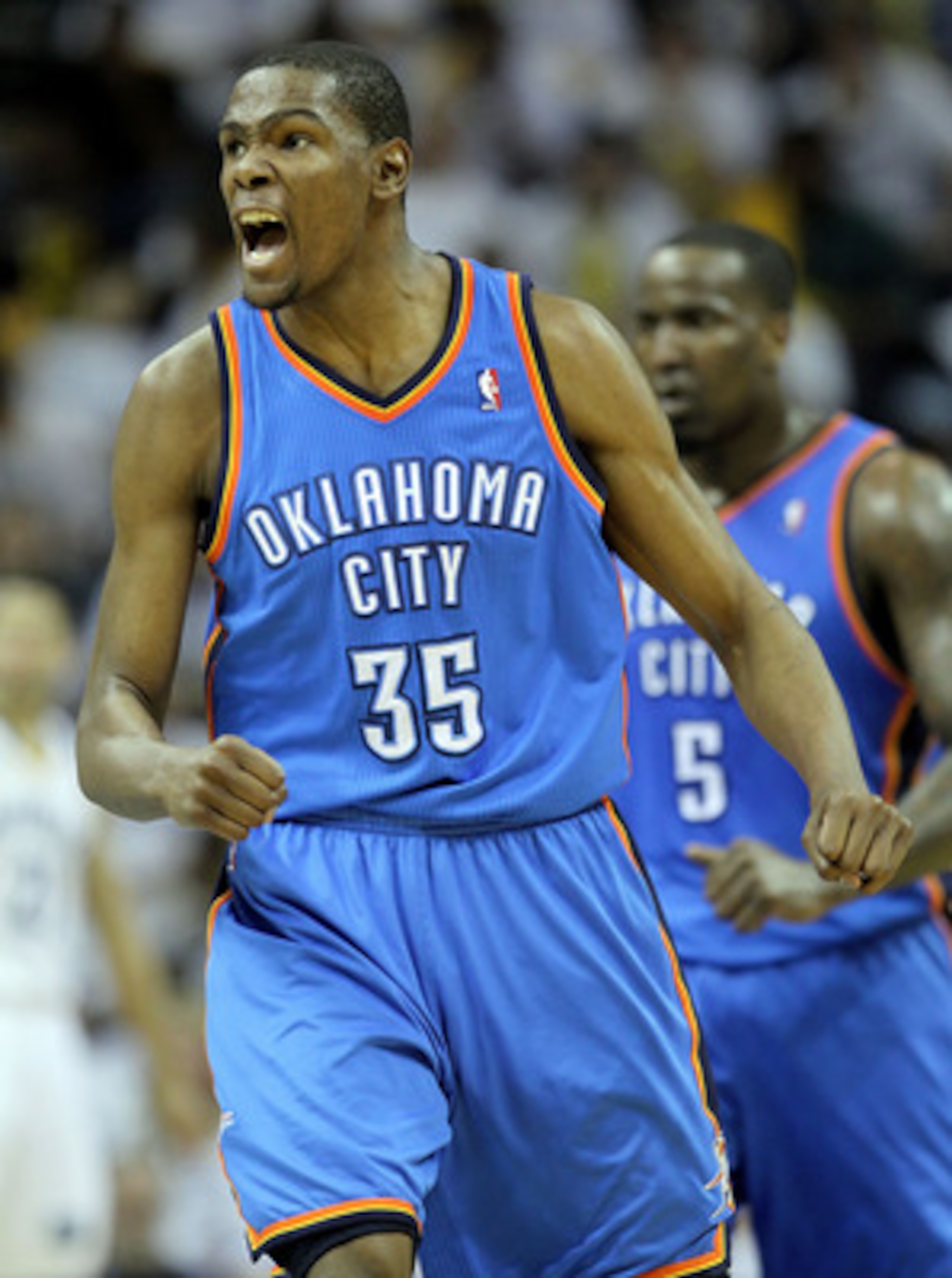 MEMPHIS, TN - MAY 09:  Kevin Durant #35 of the Oklahoma City Thunder celebrates during the game against the Memphis Grizzlies in Game Four of the Western Conference Semifinals in the 2011 NBA Playoffs at FedExForum on May 9, 2011 in Memphis, Tennessee.The
