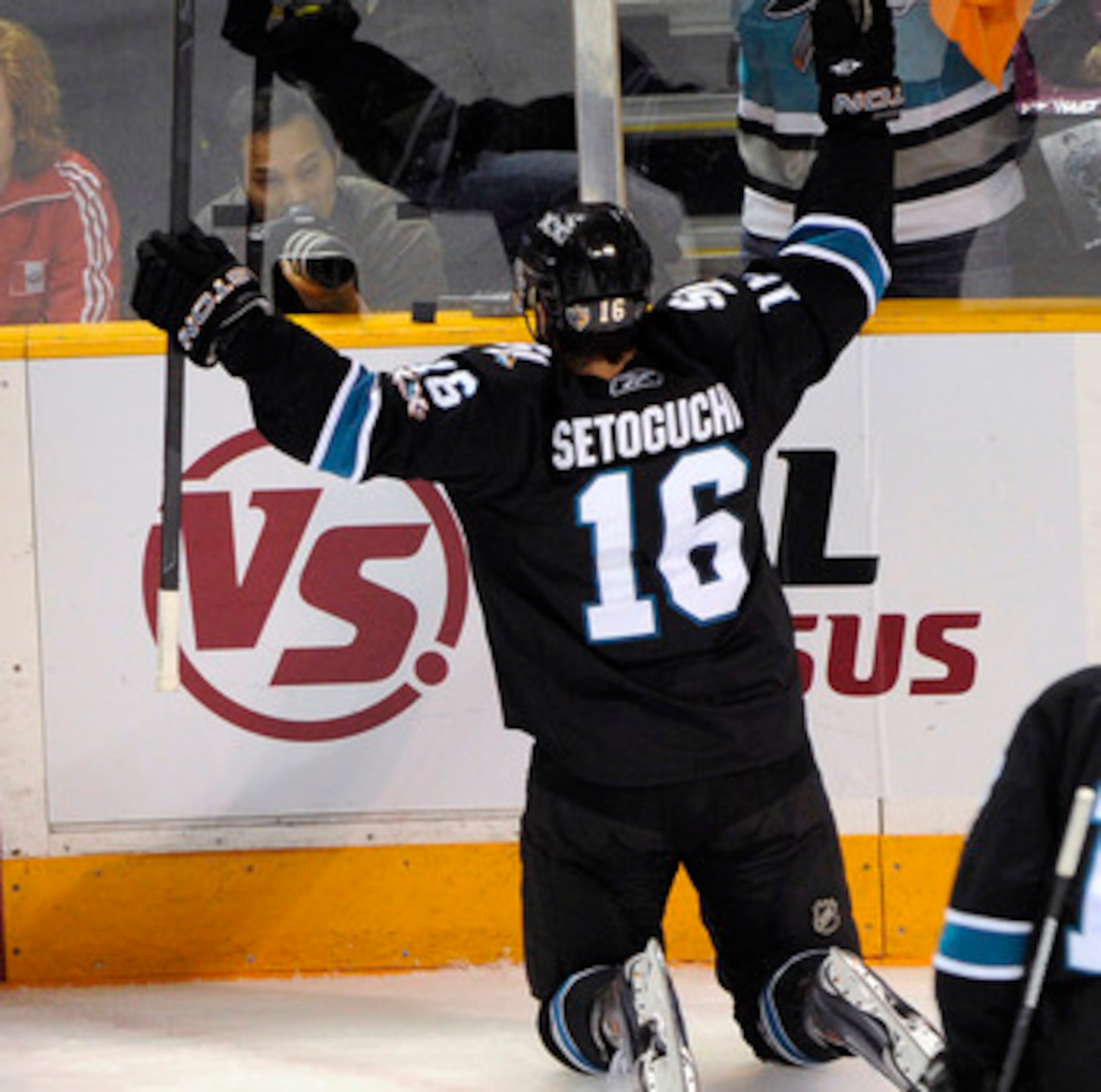 SAN JOSE, CA - MAY 12: Devin Setoguchi #16 of the San Jose Sharks celebrates after scoring a goal in the first period against the Detroit Red Wings in Game Seven of the Western Conference Semifinals  during the 2011 NHL Stanley Cup Playoffs at the HP Pavi