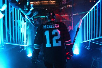 SAN JOSE, CA - MAY 12:  Patrick Marleau #12 of the San Jose Sharks walks on to the ice for their game against the Detroit Red Wings in Game Seven of the Western Conference Semifinals during the 2011 NHL Stanley Cup Playoffs at HP Pavilion on May 12, 2011