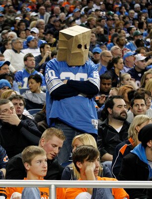 DETROIT - DECEMBER 05: A Detroit Lions' fan shows his fustration during the game between the Detroit Lions and the Chicago Bears at Ford Field on December 5, 2010 in Detroit, Michigan. The Bears defeated the Lions 24-20.  (Photo by Leon Halip/Getty Images