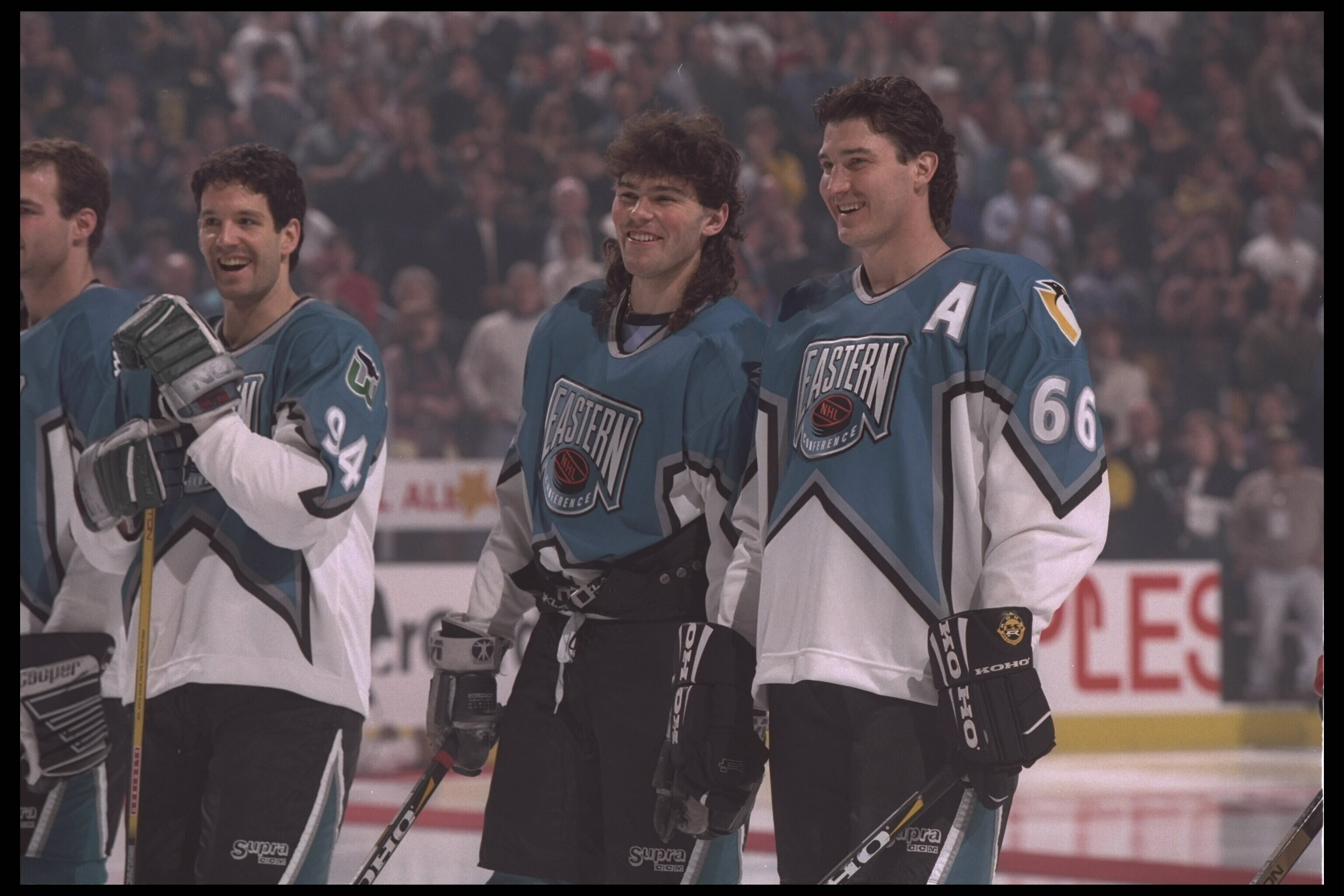20 Jan 1996:  Mario Lemieux #66 and Jaromir Jagr #68 stand on the ice as members of the Eastern team for the NHL All Star game against the West at the FleetCenter in Boston, Massachusetts.  The East defeated the West 5-4.  Mandatory Credit:  Doug Pensinge