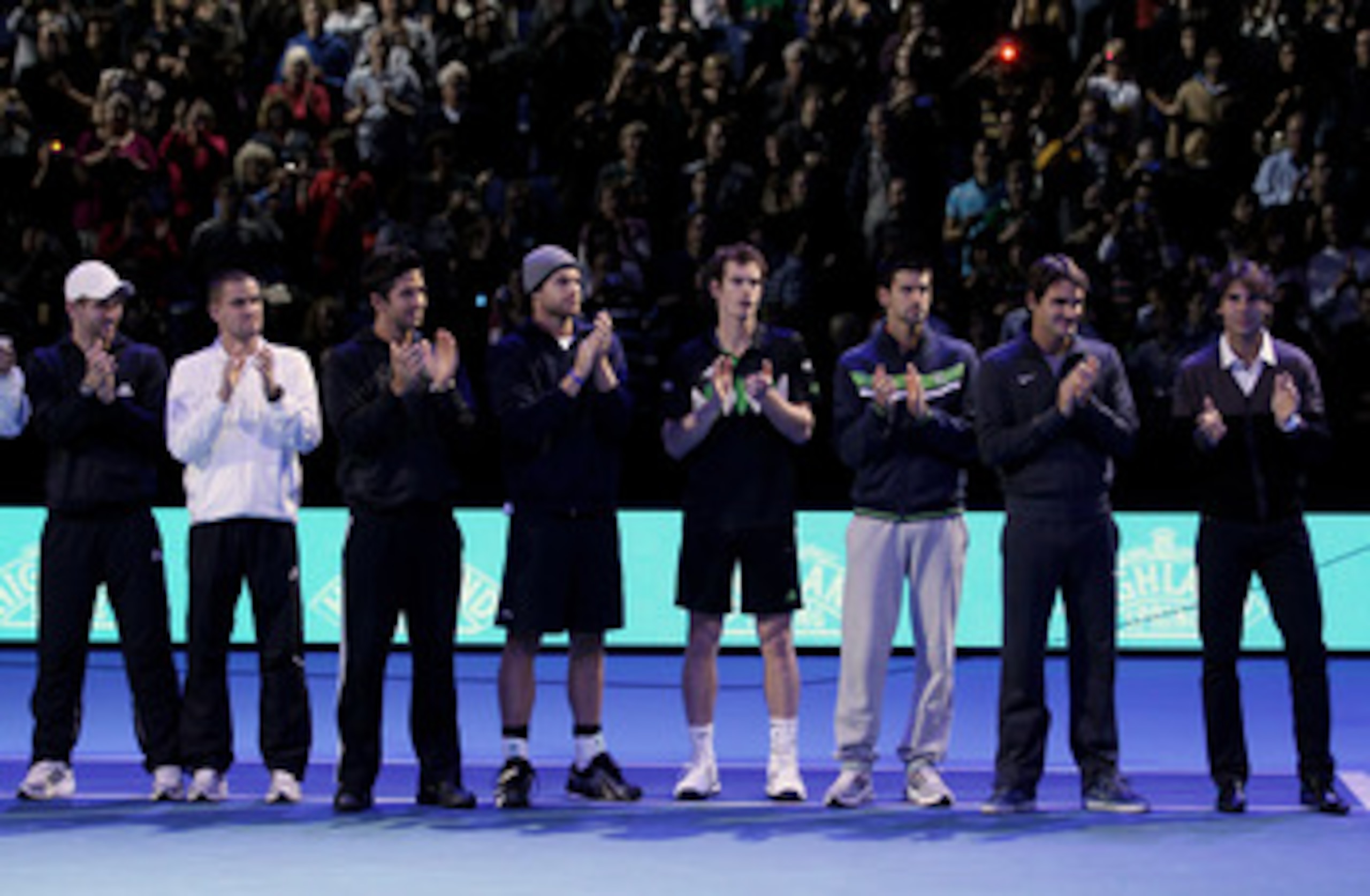 LONDON, ENGLAND - NOVEMBER 21:  (L-R) Jurgen Melzer of Austria, Mikhail Youzhny of Russia, Fernando Verdasco , Andy Roddick of the USA, Andy Murray of Great Britain, Novak Djokovic of Siberia, Roger Federer of Switzerland and Rafael Nadal of Spain attend 