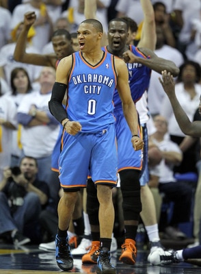 MEMPHIS, TN - MAY 09:  Russell Westbrook #0 of the Oklahoma City Thunder celebrates during the game against the Memphis Grizzlies in Game Four of the Western Conference Semifinals in the 2011 NBA Playoffs at FedExForum on May 9, 2011 in Memphis, Tennessee