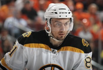 PHILADELPHIA - MAY 07: Miroslav Satan #81 of the Boston Bruins skates against the Philadelphia Flyers in Game Four of the Eastern Conference Semifinals during the 2010 NHL Stanley Cup Finals at the Wachovia Center on May 7, 2010 in Philadelphia, Pennsylva