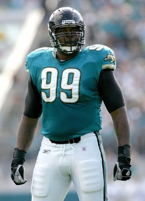 JACKSONVILLE, FL - DECEMBER 09:  Marcus Stroud #99 of the Jacksonville Jaguars waits on the sidelines during a game against the Carolina Panthers at Jacksonville Municipal Stadium on December 9, 2007 in Jacksonville, Florida.  The Jaguars beat the Panther