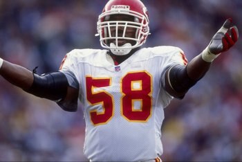 14 Dec 1997:  Outside lineback Derrick Thomas #58 of the Kansas City Chiefs celebrates during a game against the San Diego Chargers at the Qualcomm Stadium in San Diego, California. The Chiefs defeated the Chargers 29-7. Mandatory Credit: Jed Jacobsohn  /