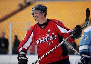 PITTSBURGH, PA - DECEMBER 31:  Peter Bondra #12 of the Washington Capitals skates against the Pittsburgh Penguins during the 2011 NHL Winter Classic Alumni Game on December 31, 2010 at Heinz Field in Pittsburgh, Pennsylvania.  (Photo by Justin K. Aller/Ge