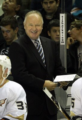 SAN JOSE, CA - SEPTEMBER 24:  Head coach Randy Carlyle of the Anaheim Ducks stands on the bench during their preseason game against the San Jose Sharks at HP Pavilion on September 24, 2010 in San Jose, California.  (Photo by Ezra Shaw/Getty Images)