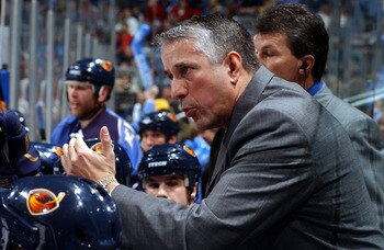 ATLANTA - DECEMBER 17:  Head Coach Bob Hartley of the Atlanta Thrashers gives instructions to his team against the Florida Panthers on December 17, 2005 at Philips Arena in Atlanta, Georgia. The Thrashers won the game 2-1. (Photo by Scott Cunningham/Getty