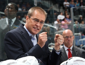 ATLANTA - SEPTEMBER 25: Head Coach Paul Maurice of the Carolina Hurricanes discusses a play during the game against the Atlanta Thrashers at Philips Arena on September 25, 2010 in Atlanta, Georgia. (Photo by Scott Cunningham/Getty Images)