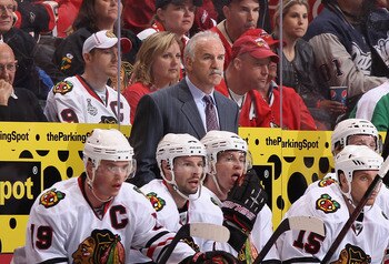 GLENDALE, AZ - MARCH 20:  Head coach Joel Quenneville of the Chicago Blackhawks  during the NHL game against the Phoenix Coyotes at Jobing.com Arena on March 20, 2011 in Glendale, Arizona. The Blackhawks defeated the Coyotes 2-1.  (Photo by Christian Pete