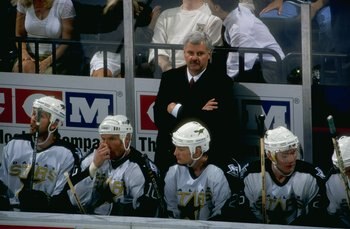 26 May 1998:   A general view of the Dallas Stars bench and Stars head coach Ken Hitchcock during the NHL Western Conference Final game against the Detroit Red Wings at the Reunion Arena in Dallas, Texas. The Stars defeated the Red Wings 3-1. Mandatory Cr