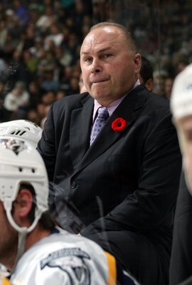 VANCOUVER, CANADA - OCTOBER 31:  Head Coach Barry Trotz of the Nashville Predators looks on from the bench area during the game against the Vancouver Canucks at General Motors Place on October 31, 2006 in Vancouver, British Columbia, Canada. The Predators