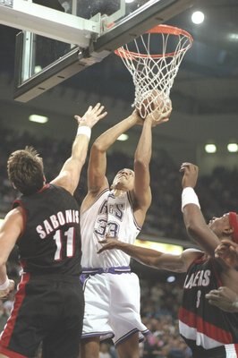 9 Nov 1996:  Forward Brian Grant of the Sacramento Kings and center Arvydas Sabonis of the Portland Trailblazers jump for the ball during a game at the Arco Arena in Sacramento, California.  The Kings won the game 103-102. Mandatory Credit: Otto Greule  /