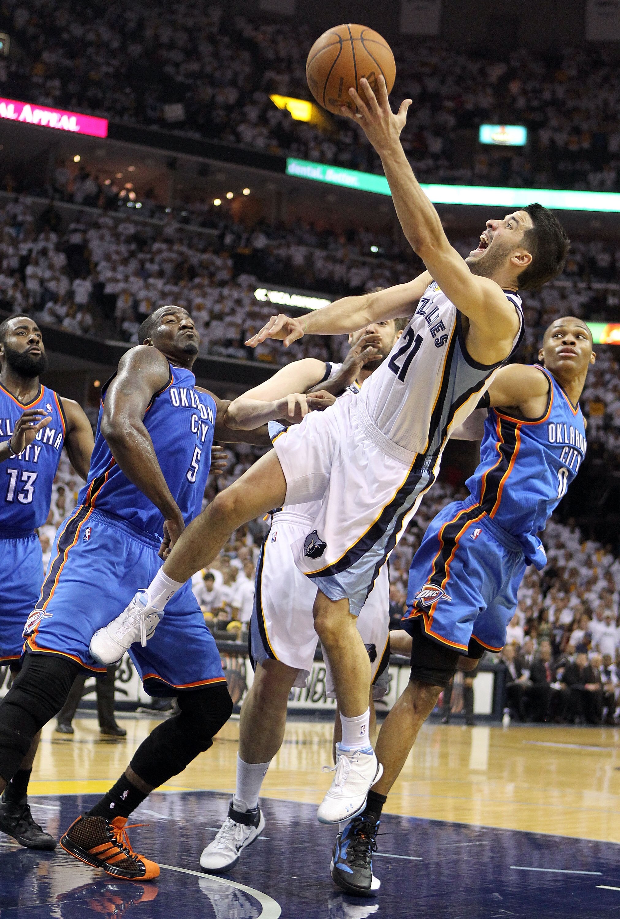 MEMPHIS, TN - MAY 09: Greivis Vasquez #21 of the Memphis Grizzlies shoots the ball during the game against the Oklahoma City Thunder in Game Four of the Western Conference Semifinals in the 2011 NBA Playoffs at FedExForum on May 9, 2011 in Memphis, Tennes