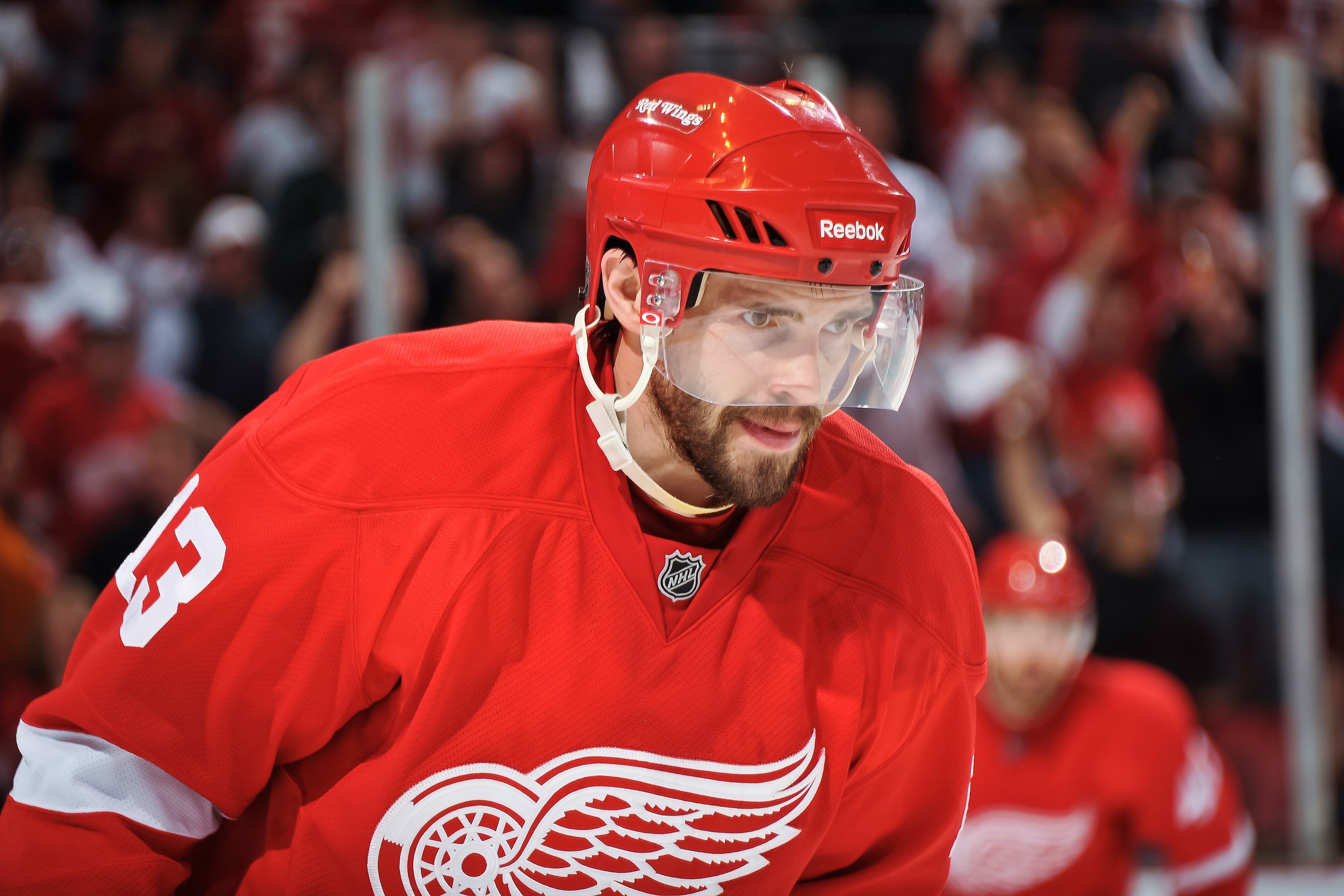 DETROIT - MAY 4: Pavel Datsyuk #13 of the Detroit Red Wings skates against the San Jose Sharks in Game Three of the Western Conference Semifinals during the 2011 NHL Stanley Cup Playoffs on May 4, 2011 at Joe Louis Arena in Detroit, Michigan. (Photo by Ja