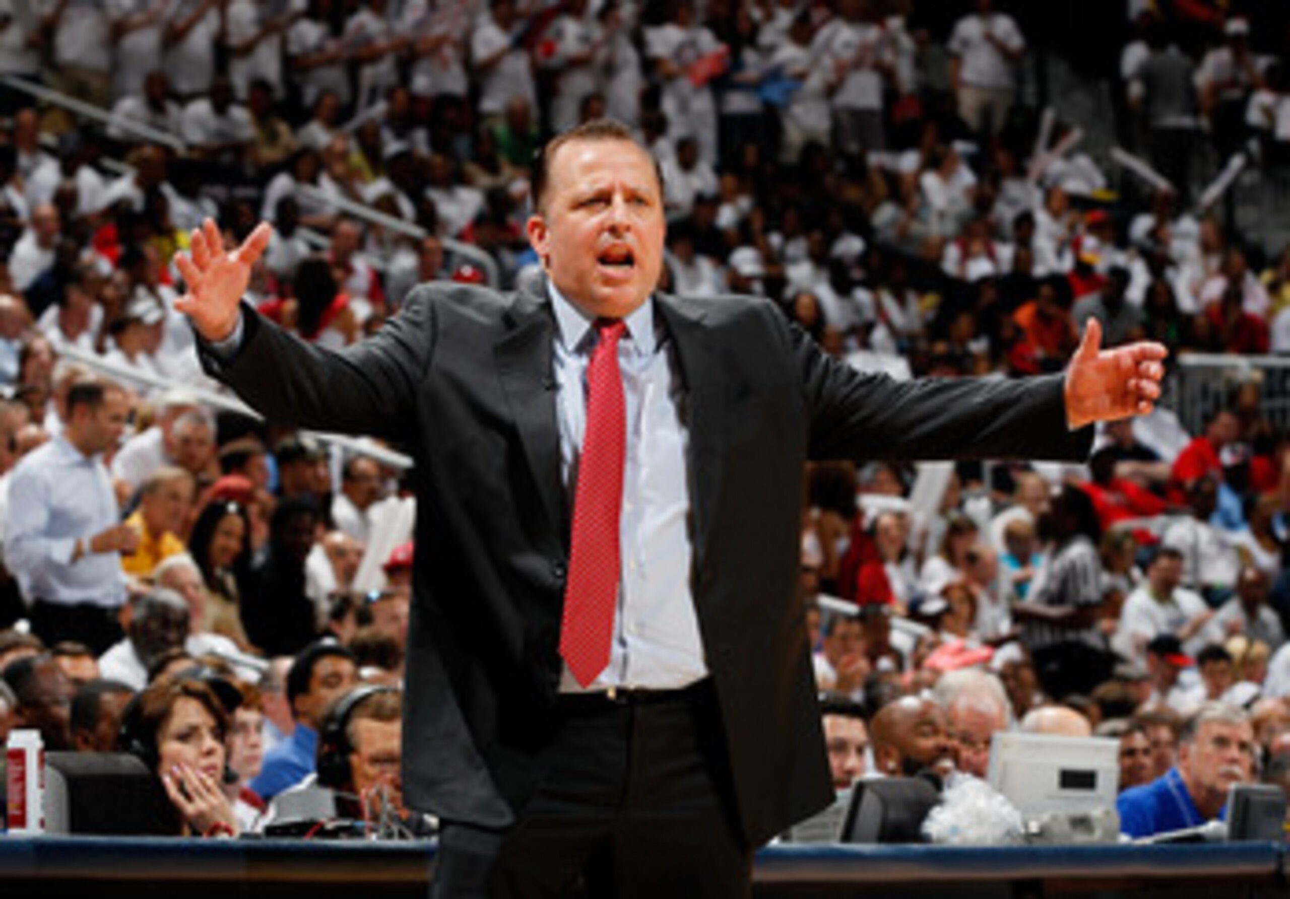 ATLANTA, GA - MAY 12:  Tom Thibodeau of the Chicago Bulls argues a call against the Atlanta Hawks in Game Six of the Eastern Conference Semifinals in the 2011 NBA Playoffs at Phillips Arena on May 12, 2011 in Atlanta, Georgia.  NOTE TO USER: User expressl