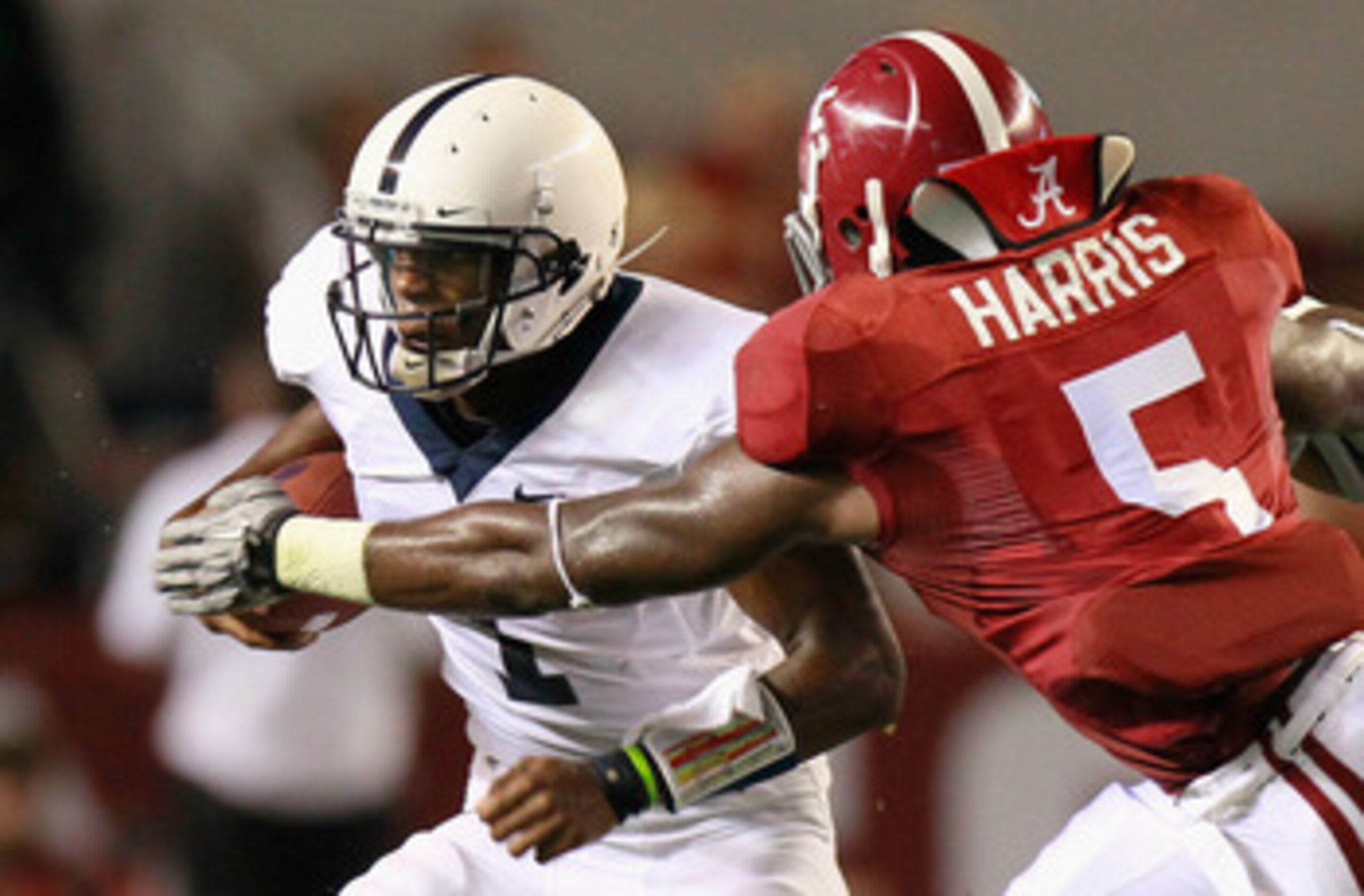 TUSCALOOSA, AL - SEPTEMBER 11:  Quarterback Robert Bolden #1 of the Penn State Nittany Lions against Jerrell Harris #5 of the Alabama Crimson Tide at Bryant-Denny Stadium on September 11, 2010 in Tuscaloosa, Alabama.  (Photo by Kevin C. Cox/Getty Images)
