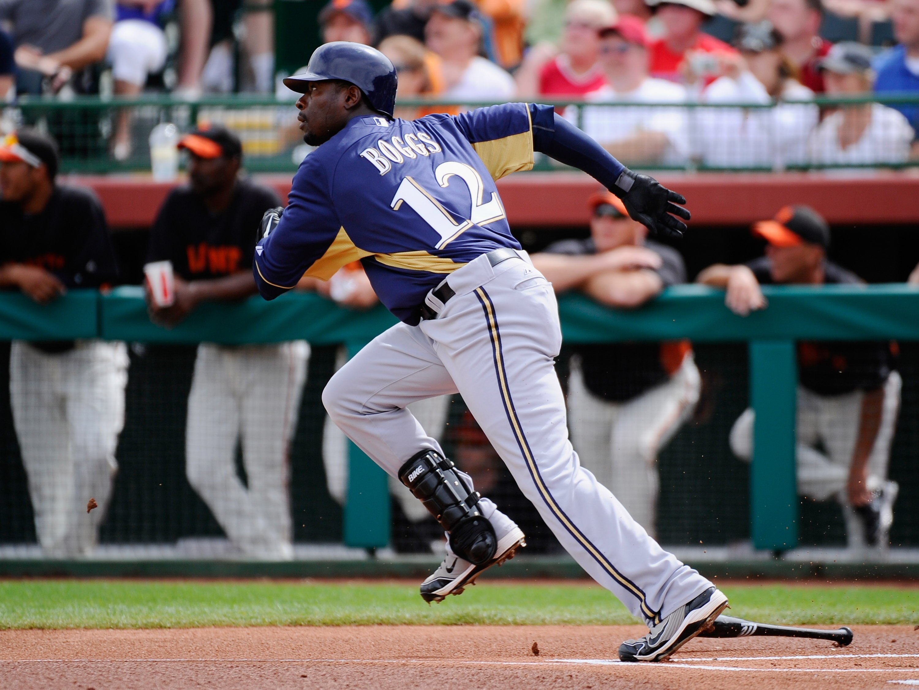 SCOTTSDALE, AZ - MARCH 14:  Brandon Boggs #12 of the Milwaukee Brewers bats against the San Francisco Giants during the spring training baseball game at Scottsdale Stadium on March 14, 2011 in Scottsdale, Arizona.  (Photo by Kevork Djansezian/Getty Images