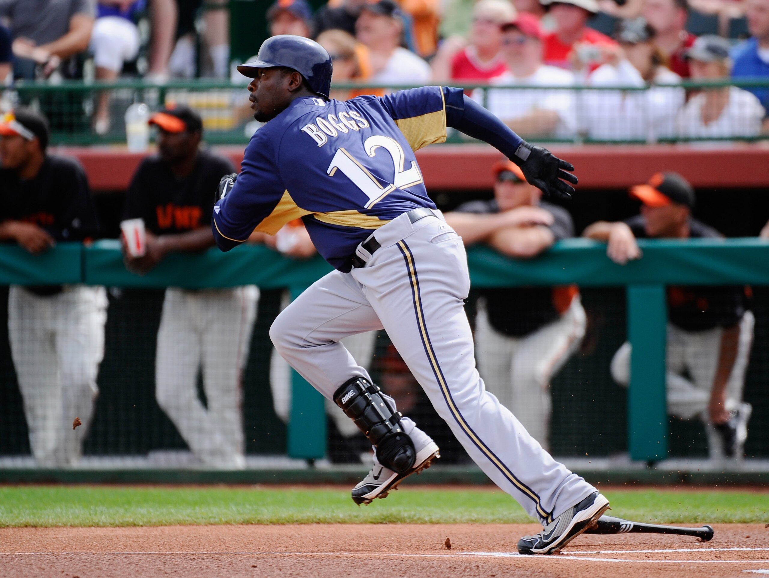 SCOTTSDALE, AZ - MARCH 14:  Brandon Boggs #12 of the Milwaukee Brewers bats against the San Francisco Giants during the spring training baseball game at Scottsdale Stadium on March 14, 2011 in Scottsdale, Arizona.  (Photo by Kevork Djansezian/Getty Images