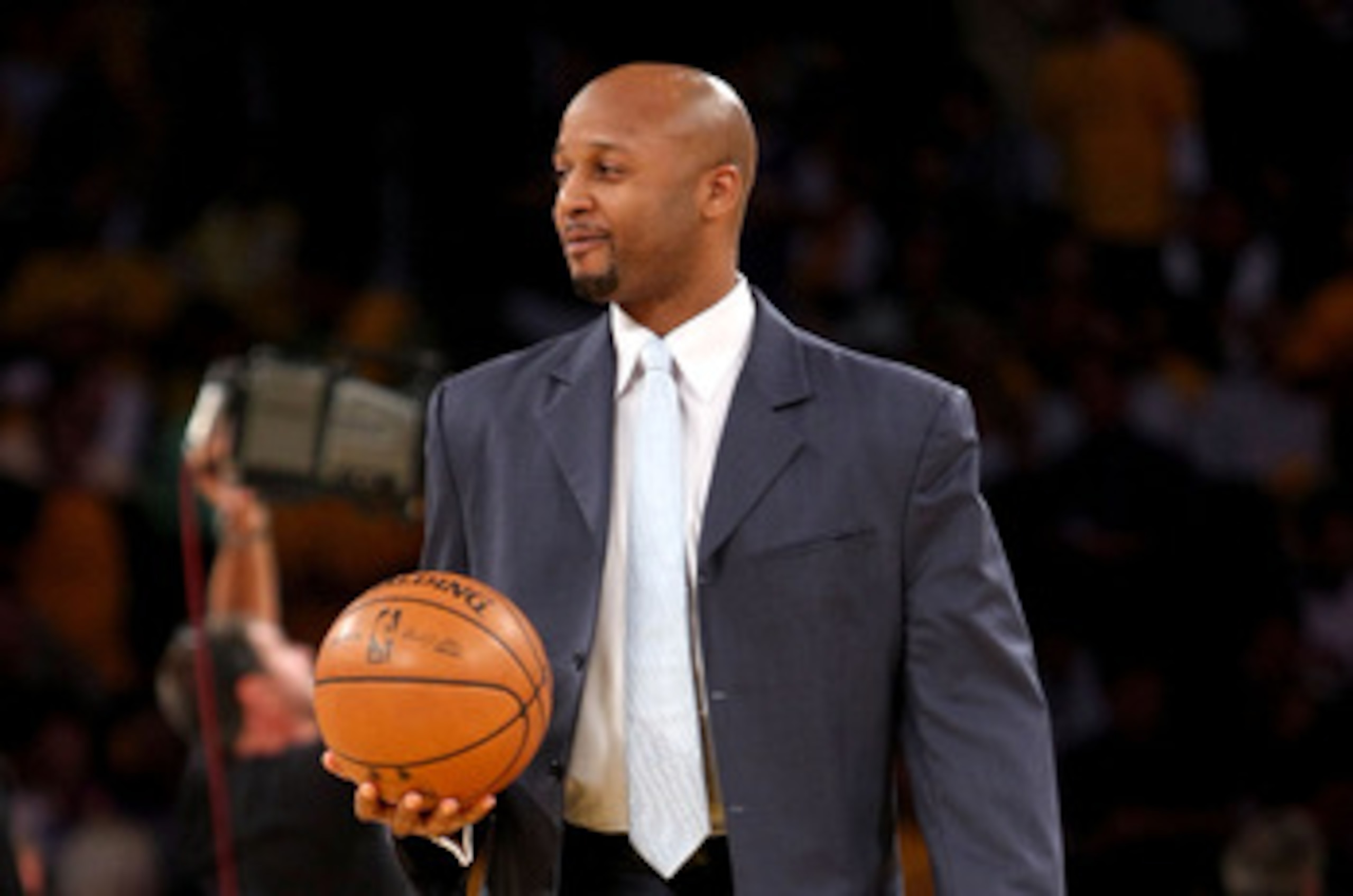 LOS ANGELES, CA - MAY 29:  Los Angeles Lakers legend Brian Shaw brings out the game ball before Game Five of the Western Conference Finals between the Los Angeles Lakers and the San Antonio Spurs during the 2008 NBA Playoffs on May 29, 2008 at Staples Cen