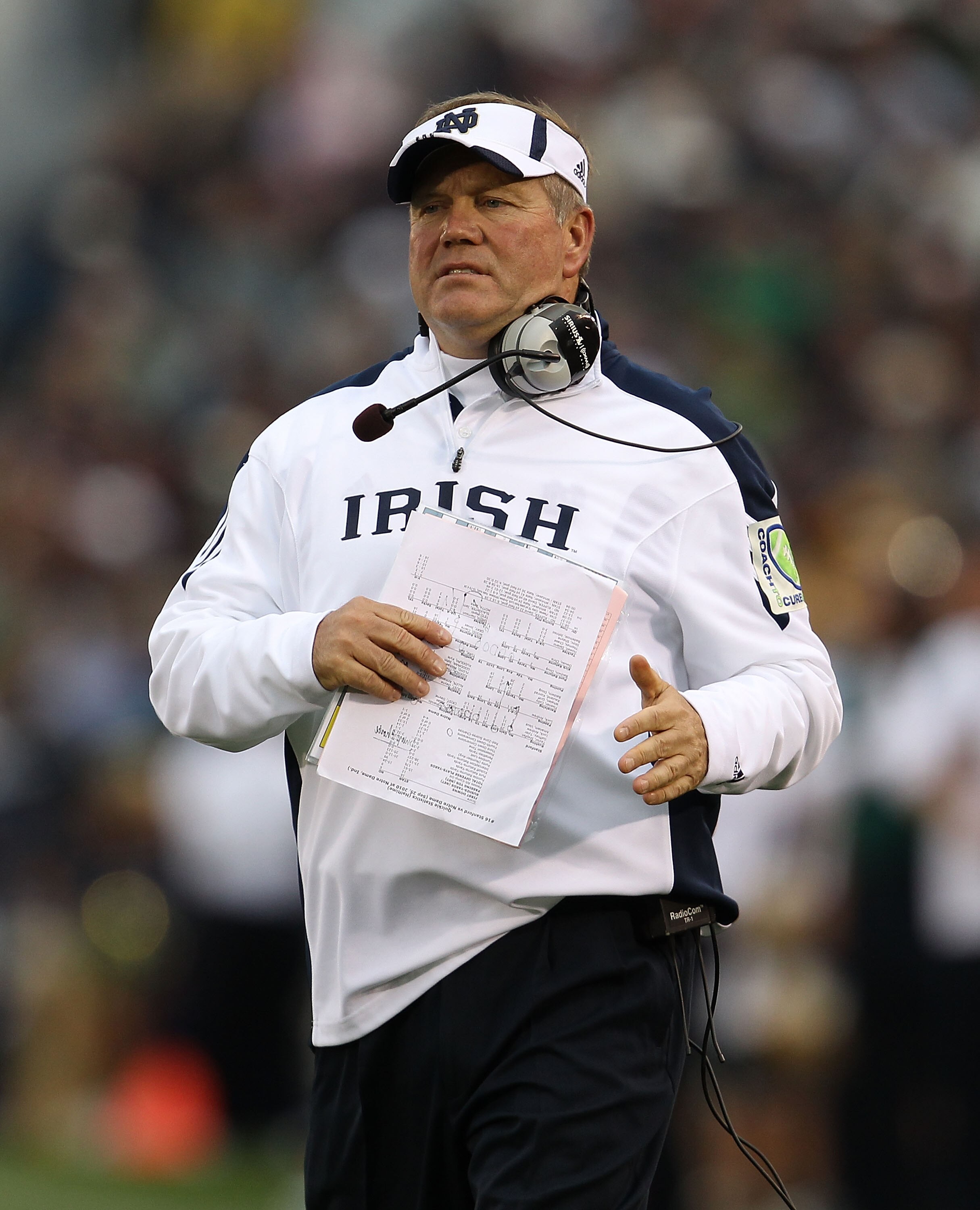 SOUTH BEND, IN - SEPTEMBER 25: Head coach Brian Kelly of the Notre Dame Fighting Irish watches as his team takes on the Stanford Cardinal at Notre Dame Stadium on September 25, 2010 in South Bend, Indiana. Stanford defeated Notre Dame 37-14. (Photo by Jo SOUTH BEND, IN - SEPTEMBER 25: Head coach Brian Kelly of the Notre Dame Fighting Irish watches as his team takes on the Stanford Cardinal at Notre Dame Stadium on September 25, 2010 in South Bend, Indiana. Stanford defeated Notre Dame 37-14. (Photo by Jo