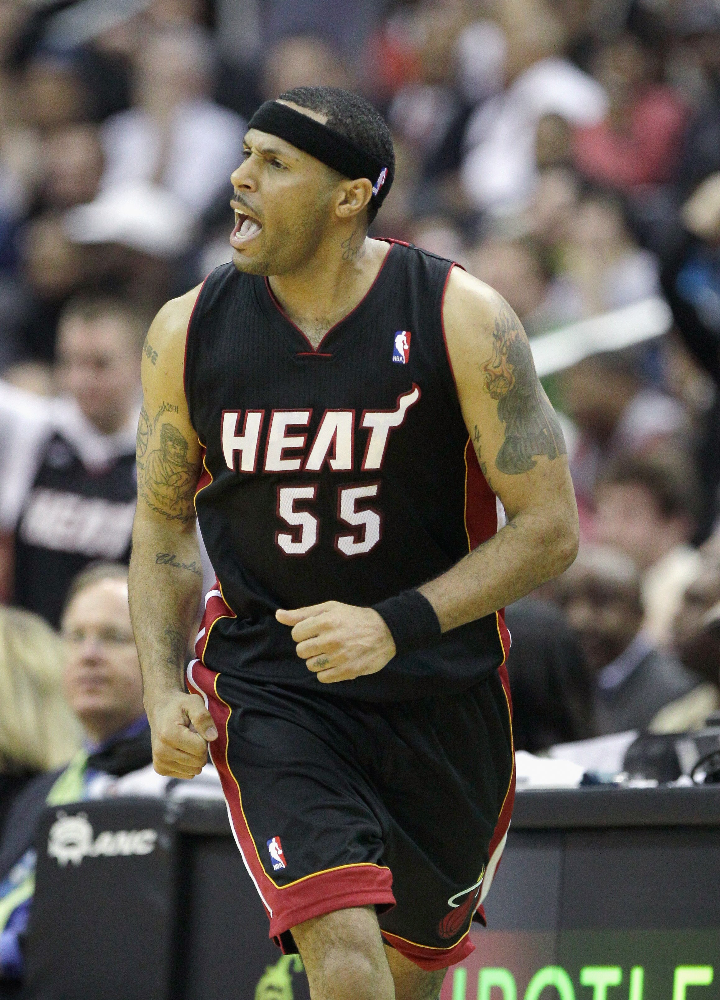 WASHINGTON, DC - MARCH 30: Eddie House #55 of the Miami Heat celebrates hitting a three point shot during the second half against the Washington Wizarads at the Verizon Center on March 30, 2011 in Washington, DC. NOTE TO USER: User expressly acknowledges