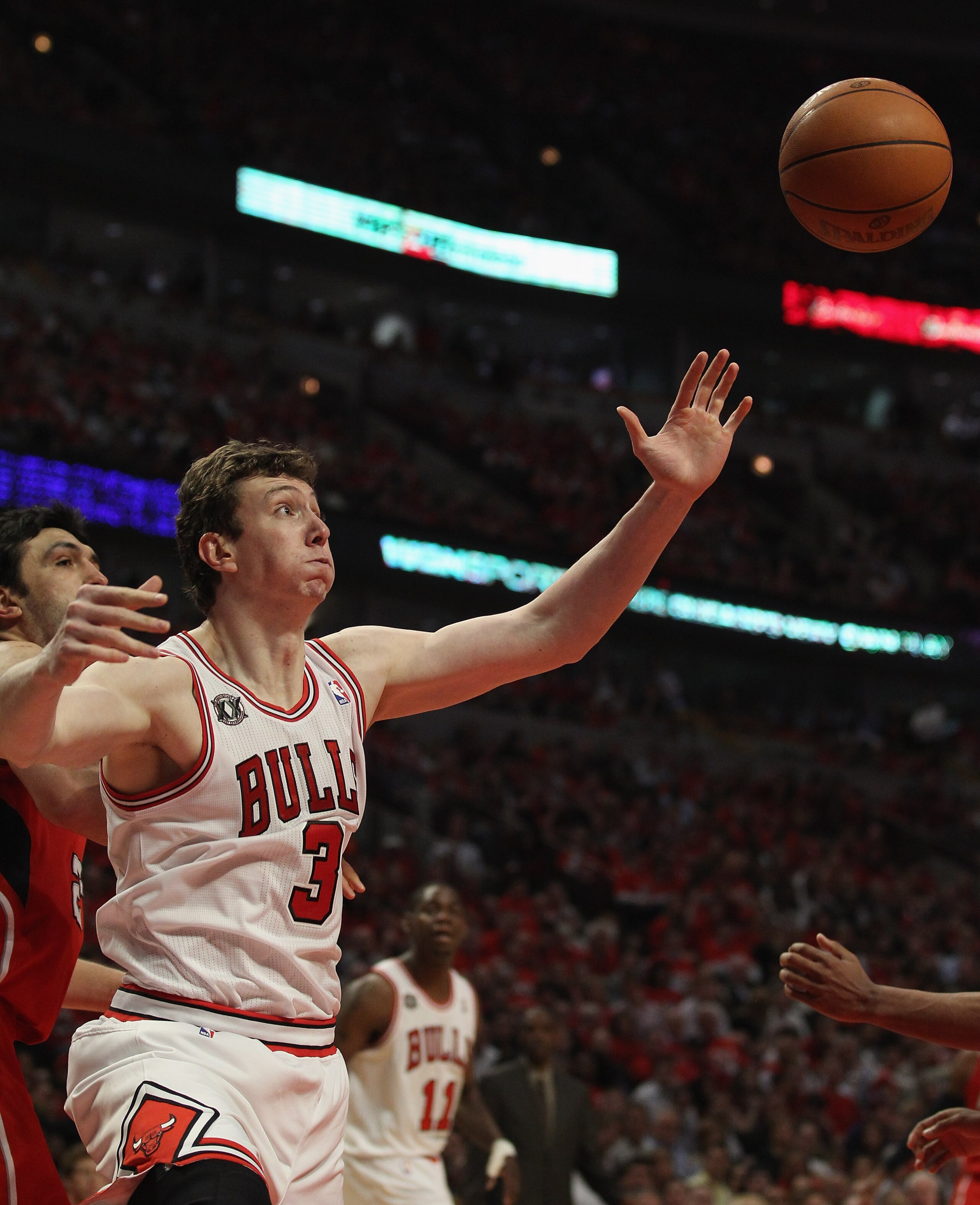 CHICAGO, IL - MAY 10: Omer Asik #3 of the Chicago Bulls tries for a rebound against the Atlanta Hawks in Game Five of the Eastern Conference Semifinals in the 2011 NBA Playoffs at the United Center on May 10, 2011 in Chicago, Illinois. The Bulls defeated