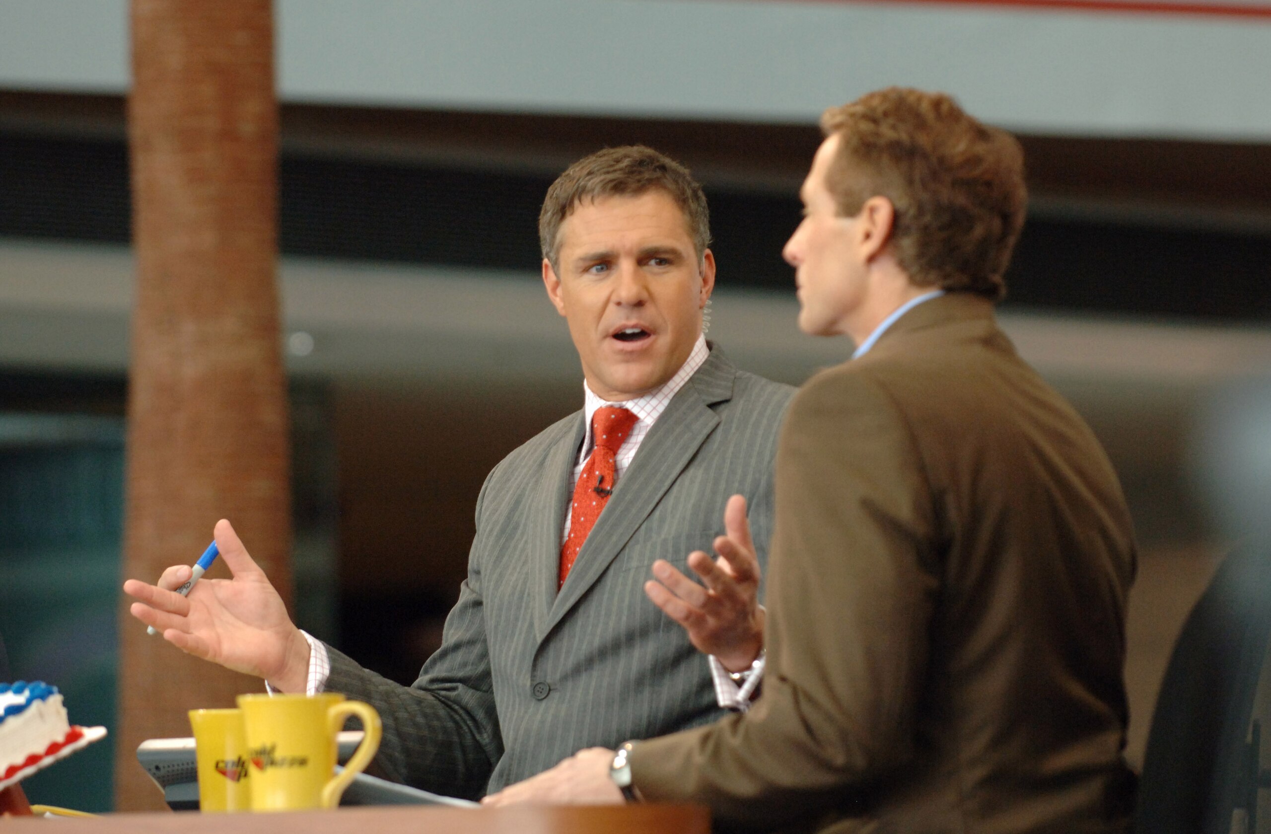 Jay Crawford and Skip Bayless during a broadcast of ESPN's Cold Pizza from the Super Bowl XL Media Center at the Renaissance Center in Detroit, Michigan on January 30, 2006.  (Photo by Al Messerschmidt/Getty Images)