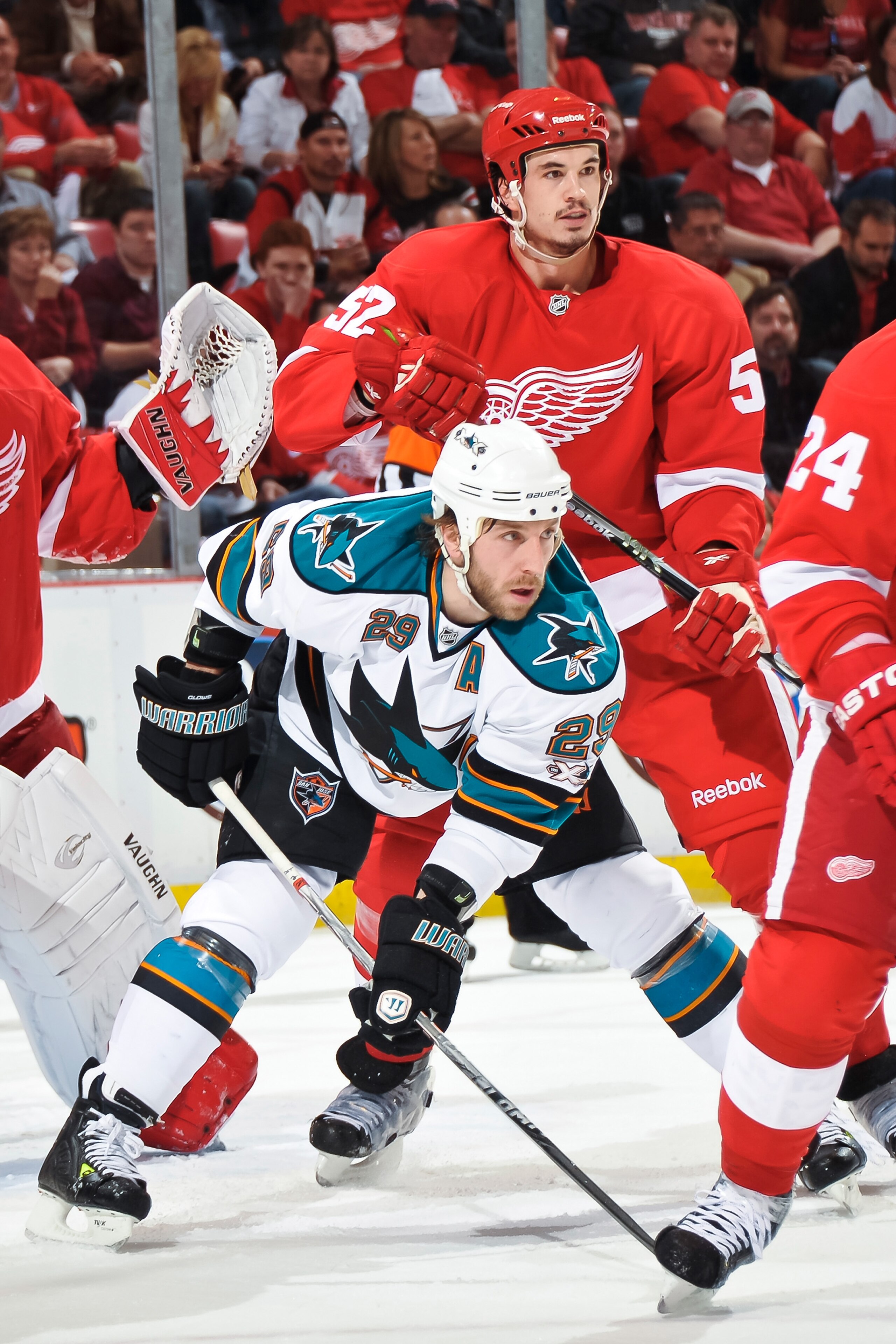 DETROIT - MAY 4: Ryane Clowe #29 of the San Jose Sharks sets up in front of Jonathan Ericsson #52 of the Detroit Red Wings in Game Three of the Western Conference Semifinals during the 2011 NHL Stanley Cup Playoffs on May 4, 2011 at Joe Louis Arena in Det